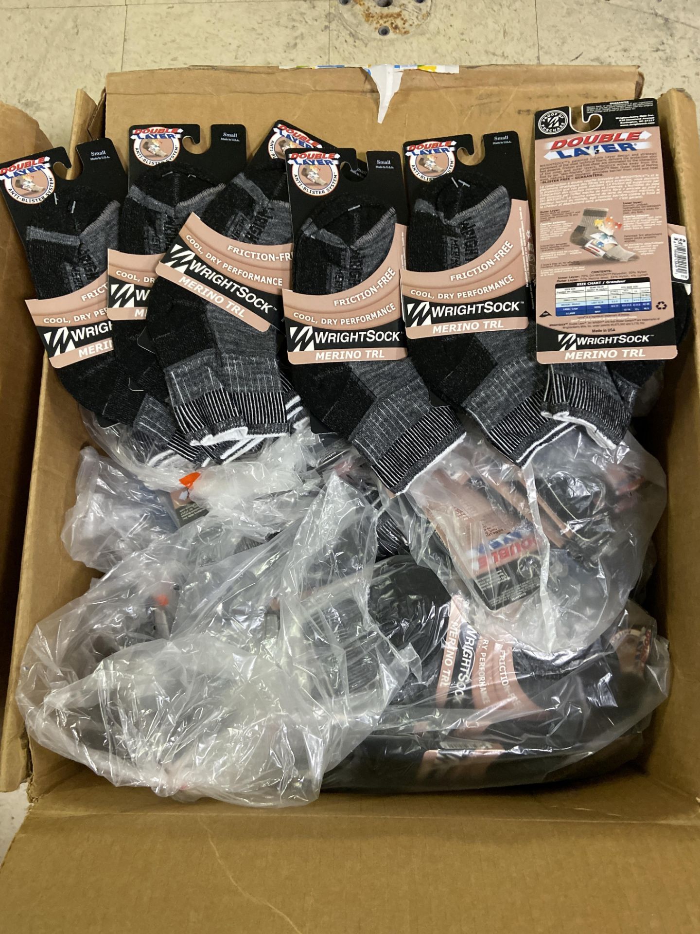 250+ packs of New Socks, Wrightsocks Merino Wool TRL, Double Layer, Black/Gray