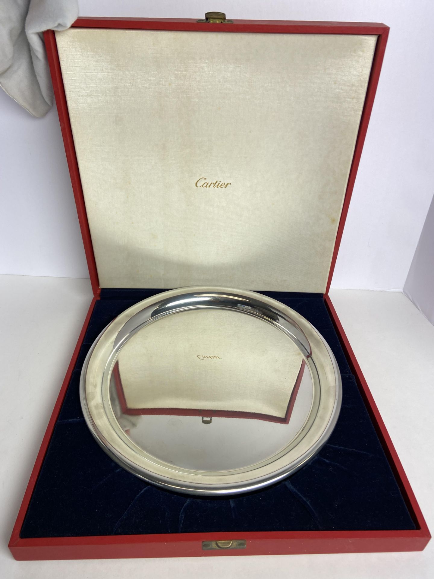 1970's Cartier Polished Pewter Platter in Box and with Dust Cover