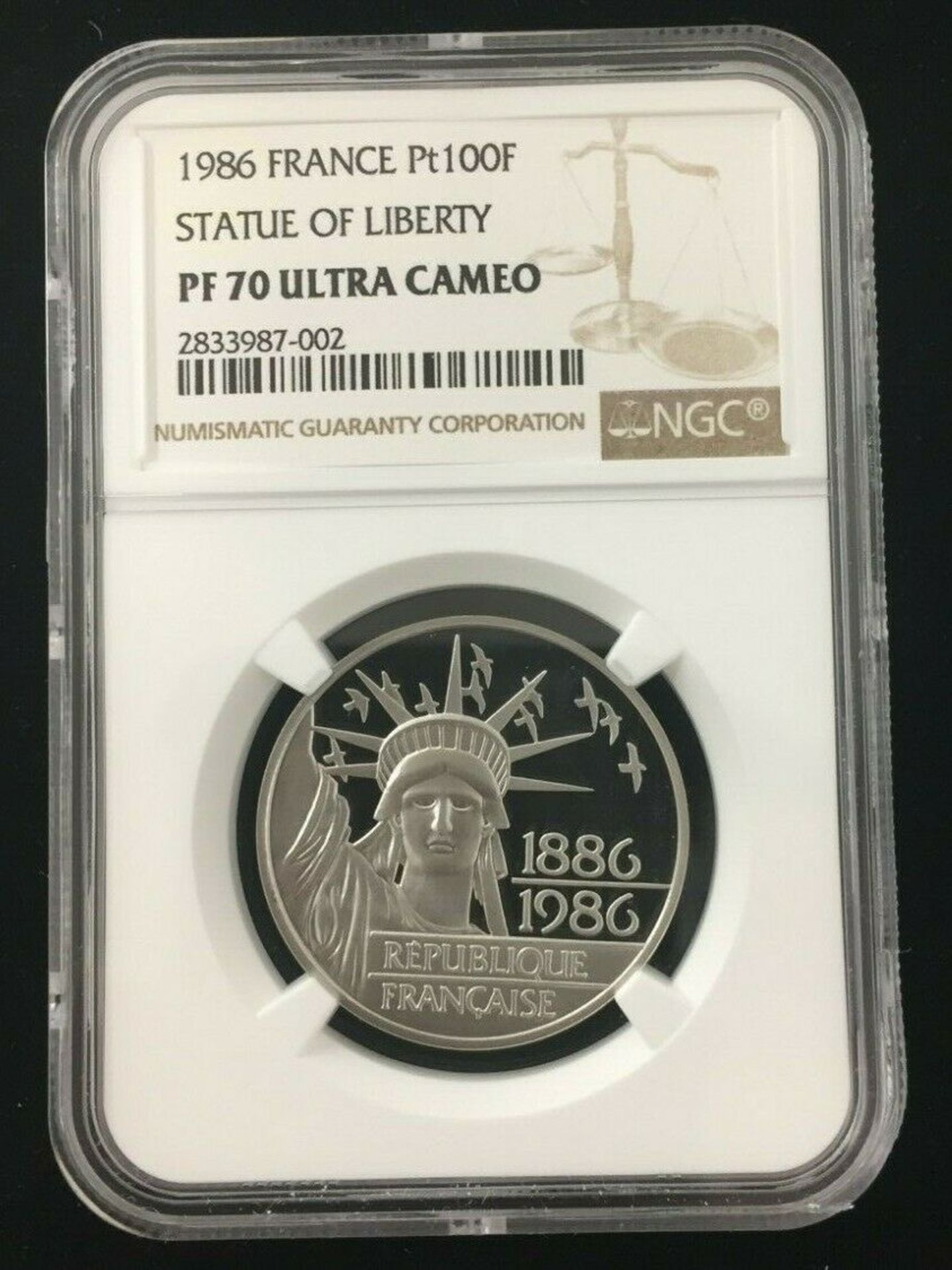 PERFECT 1986 France Platinum Statue of Liberty 100 Franc NGC PF70 Ultra Cameo Coin in Case