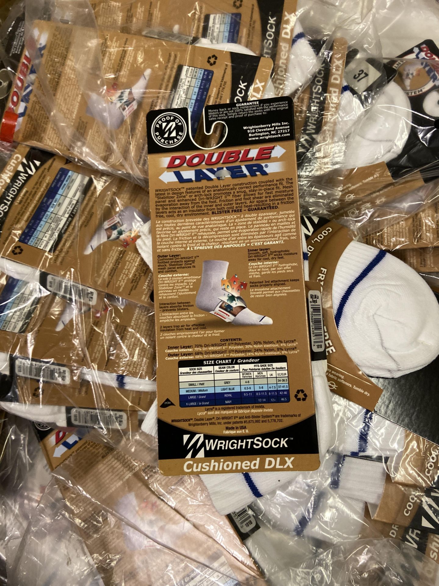 500+ packs of New Socks, Wrightsock Coolmesh & Cushioned DLX, Double Layer, White Gray/Blue Stripe - Image 6 of 6