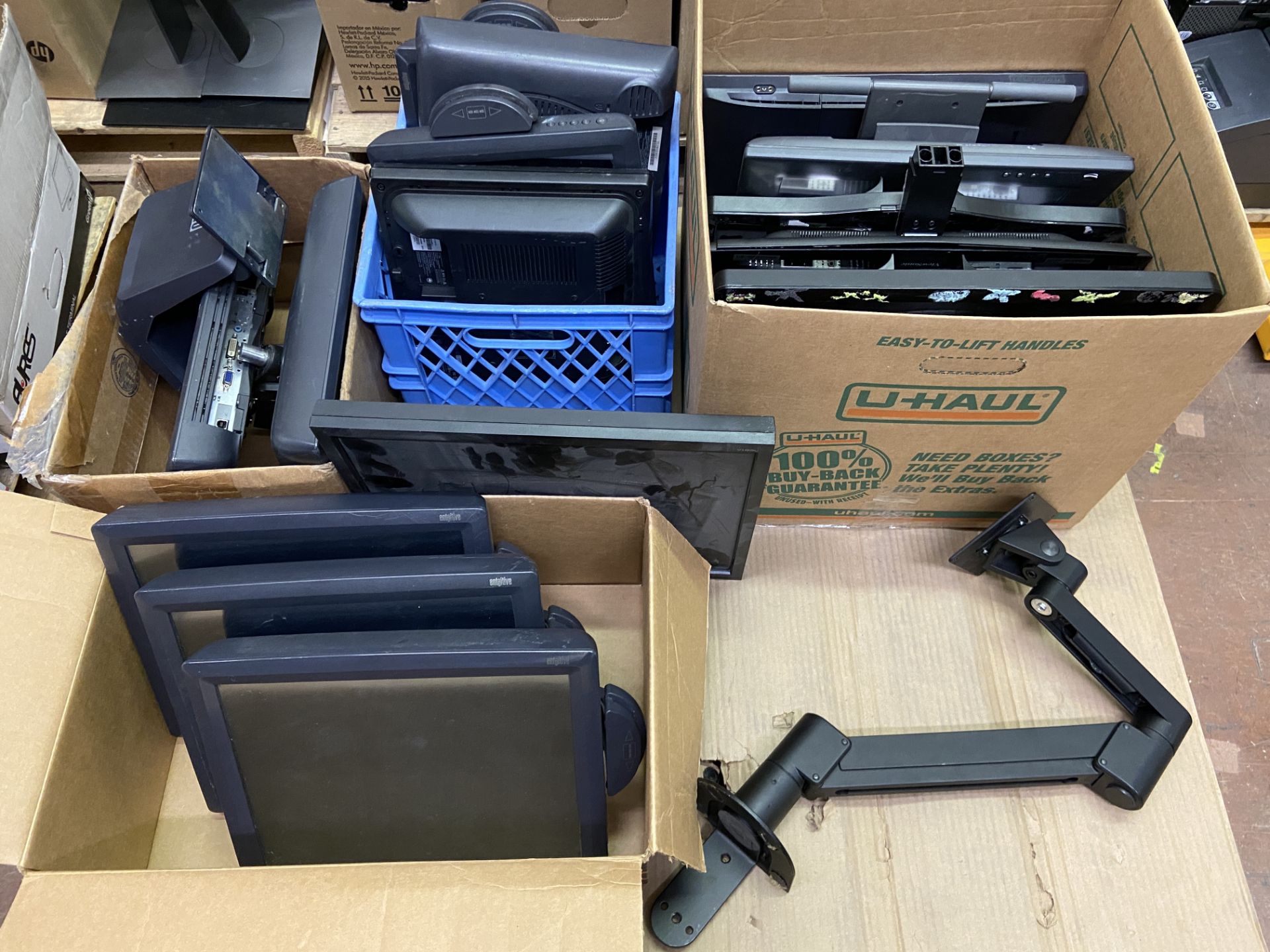 Short Pallet of 17 POS monitors, Standing Monitor Stand Etc