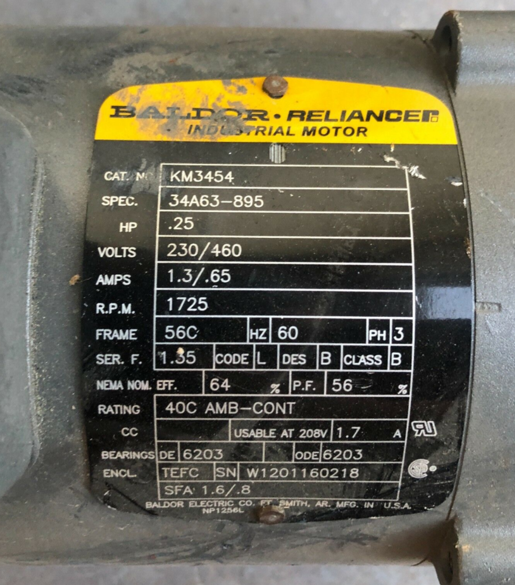 BALDOR RELIANCE INDUSTRIAL MOTOR 0.25HP 1725RPM 56C, KM3454 - Image 2 of 2