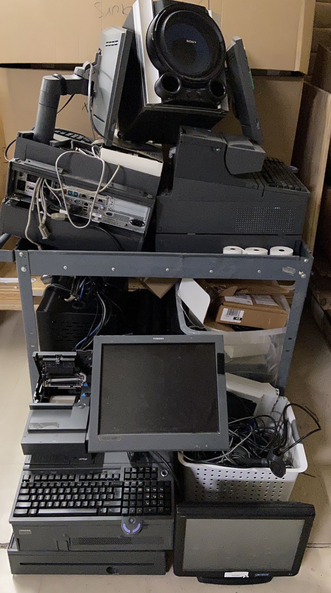 Pallet of Toshiba POS Cash Registers, Computer Towers and Cables etc