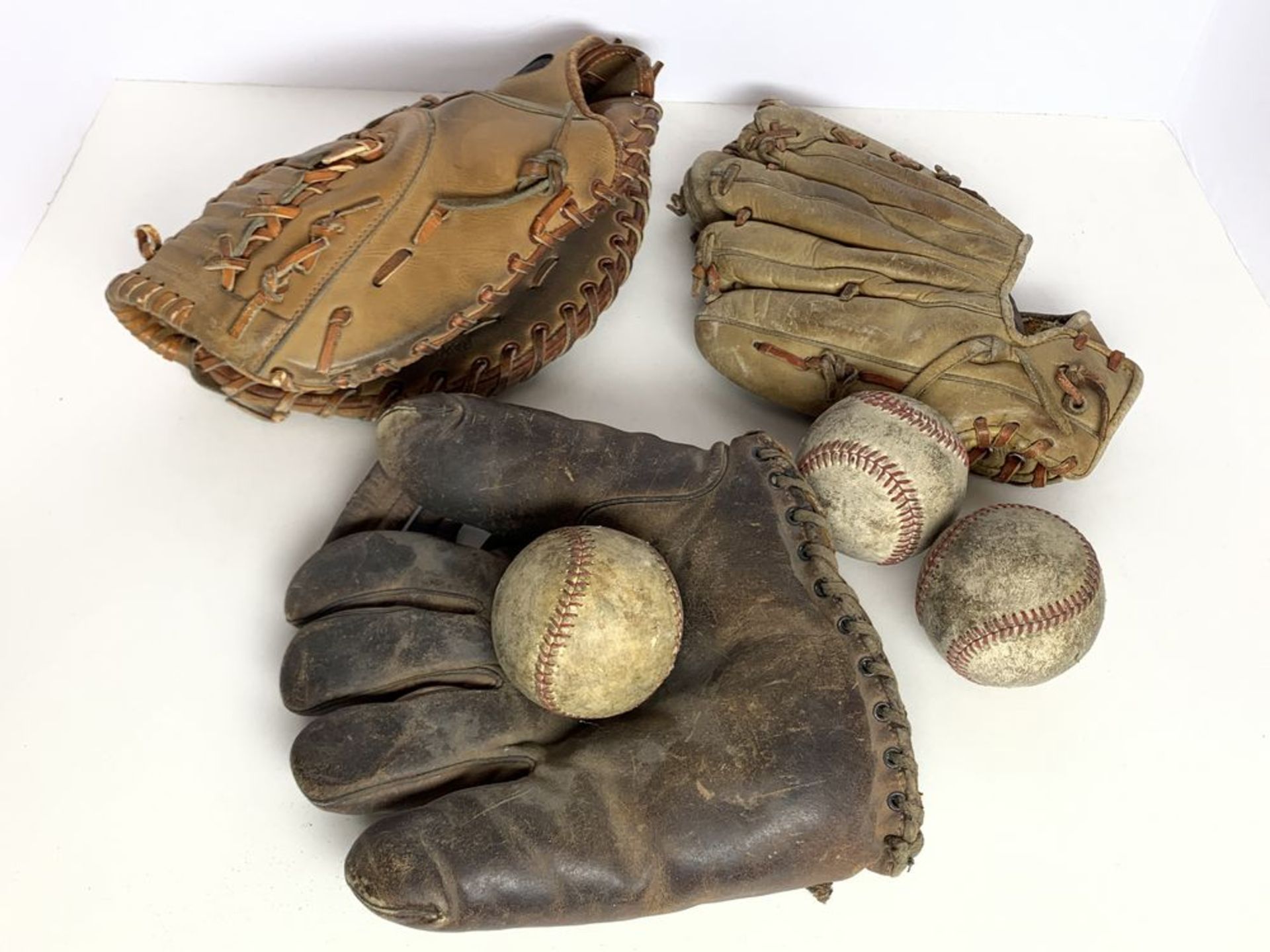 3 Vintage Baseball Gloves and Balls, Sports Memorabilia