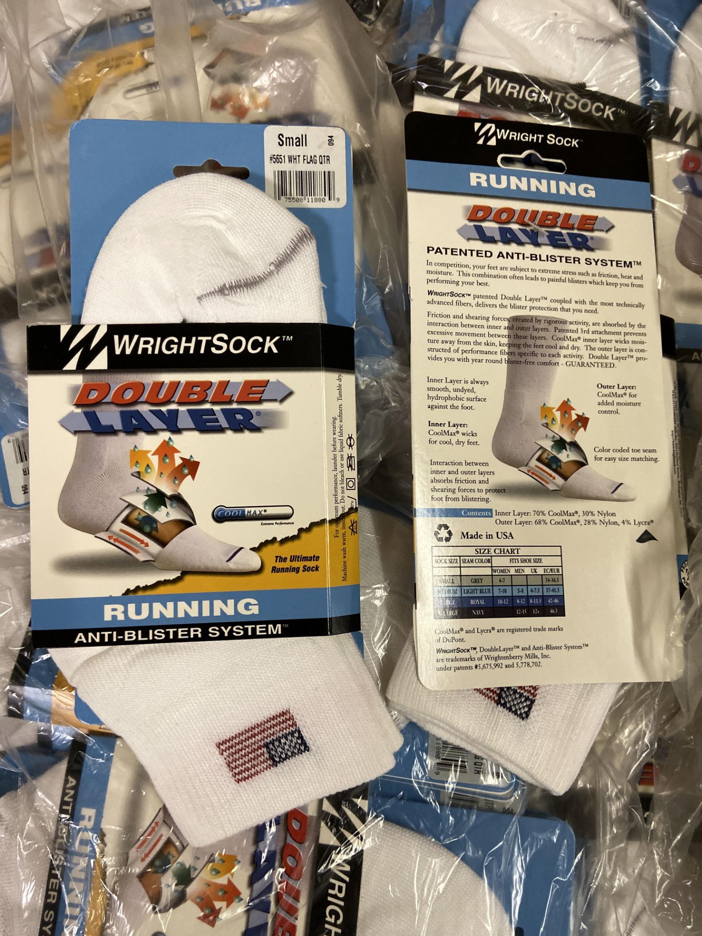 500+ packs of New Socks, Wrightsock Running, Double Layer, USA America Flag White Lot is - Image 3 of 5