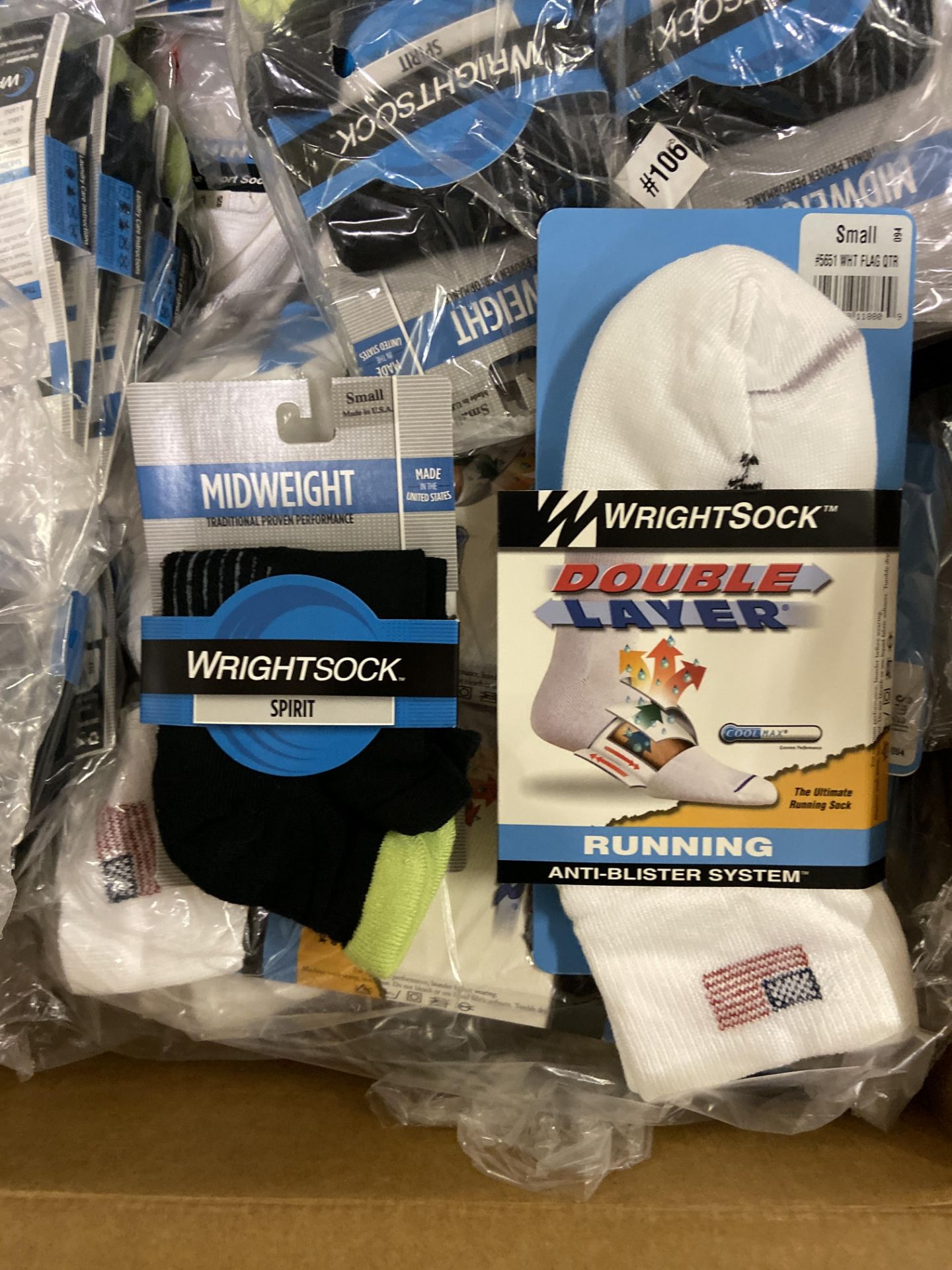 250+ packs of New Socks, Wrightsock Running and Midweight, Double Layer, White with USA Flag and - Image 2 of 3