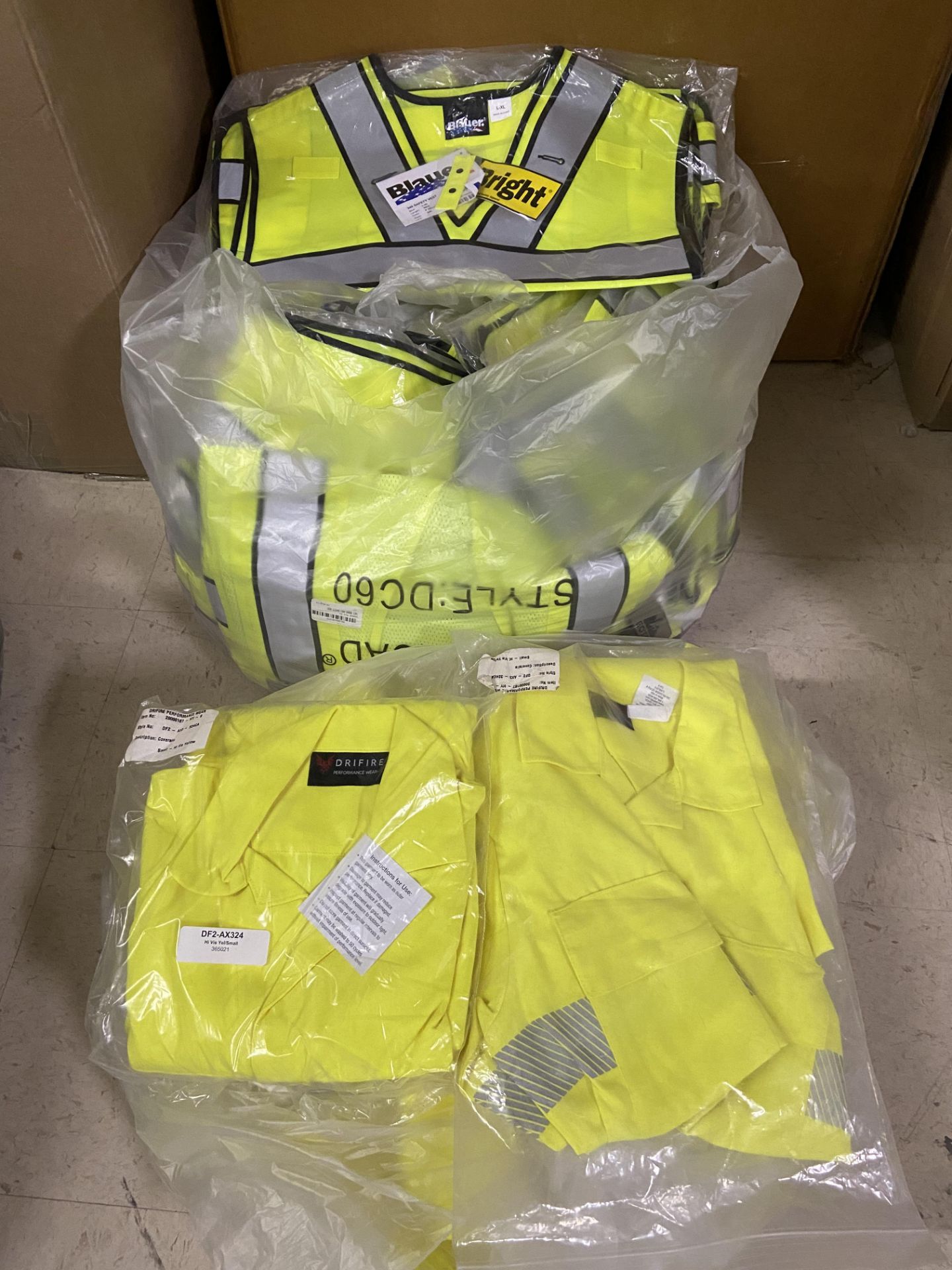 Blauer Bright Yellow Neon Safety Vests (Approx 50+), DriFire Neon Yellow Shirts (Approx 25) Utility