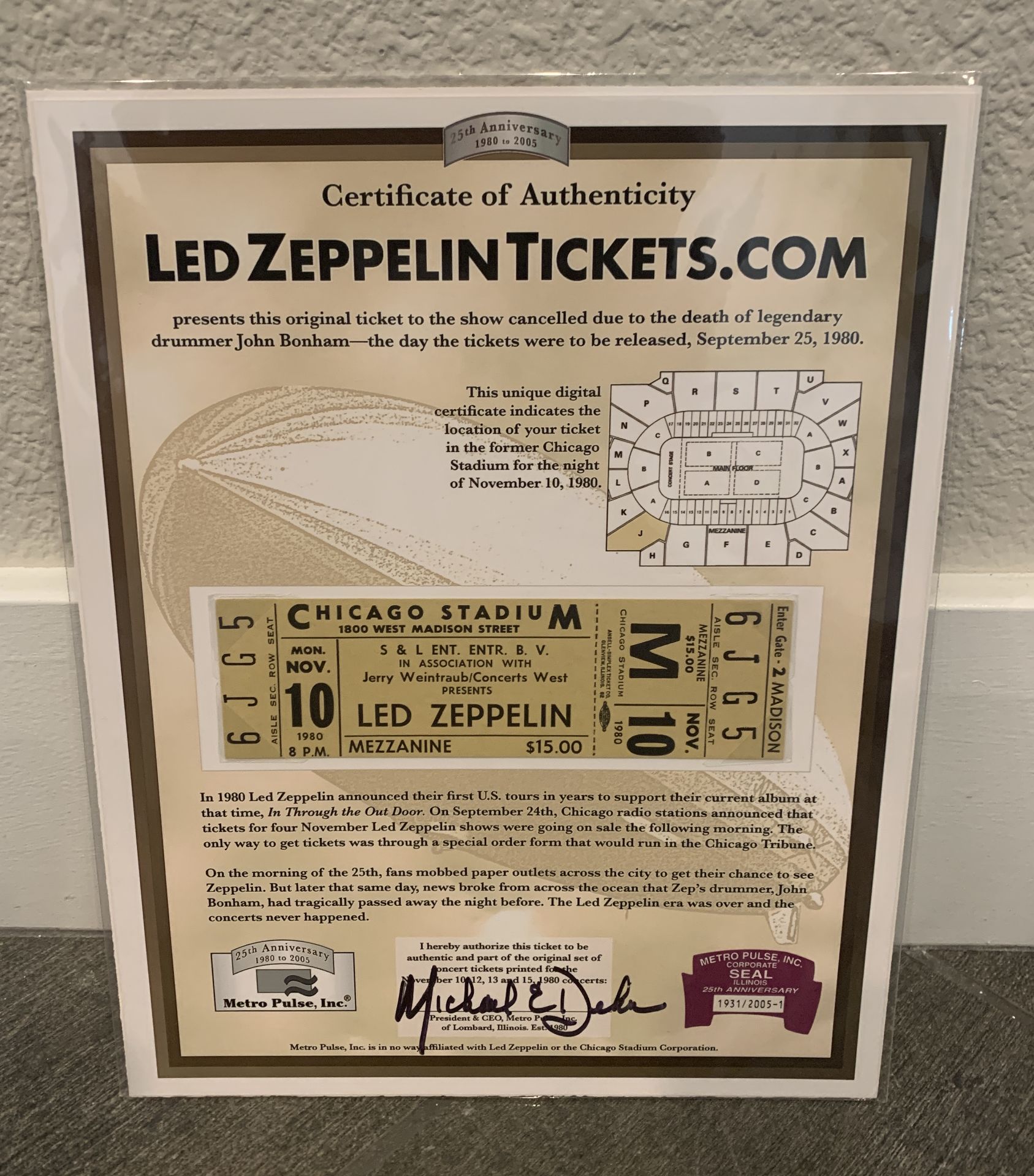 LED ZEPPELIN ORIGINAL TICKET FROM 1980 CHICAGO TOUR WITH COA 8.5X11