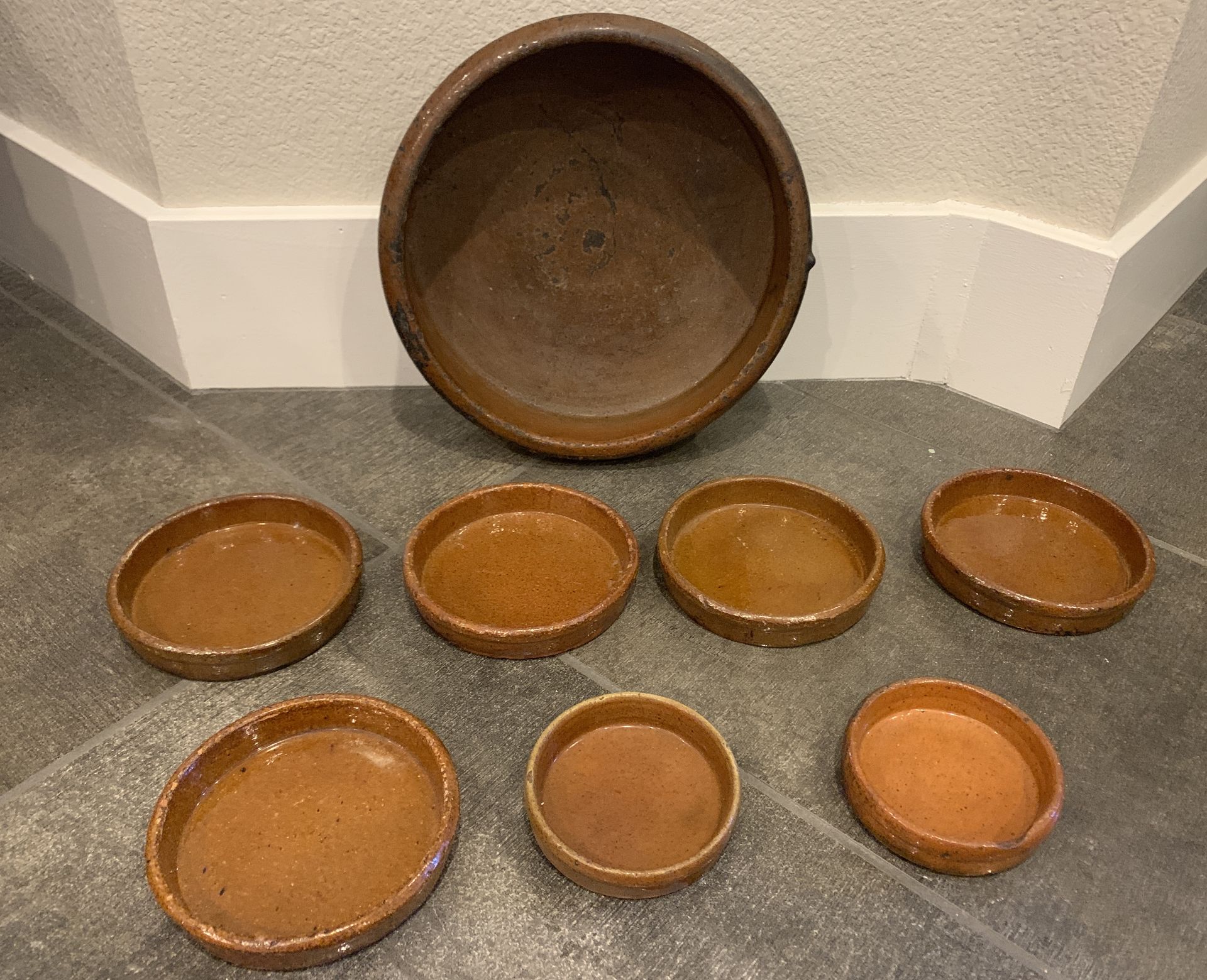 VERY OLD CLAY POTTERY PLANT PLATES , HAND MADE