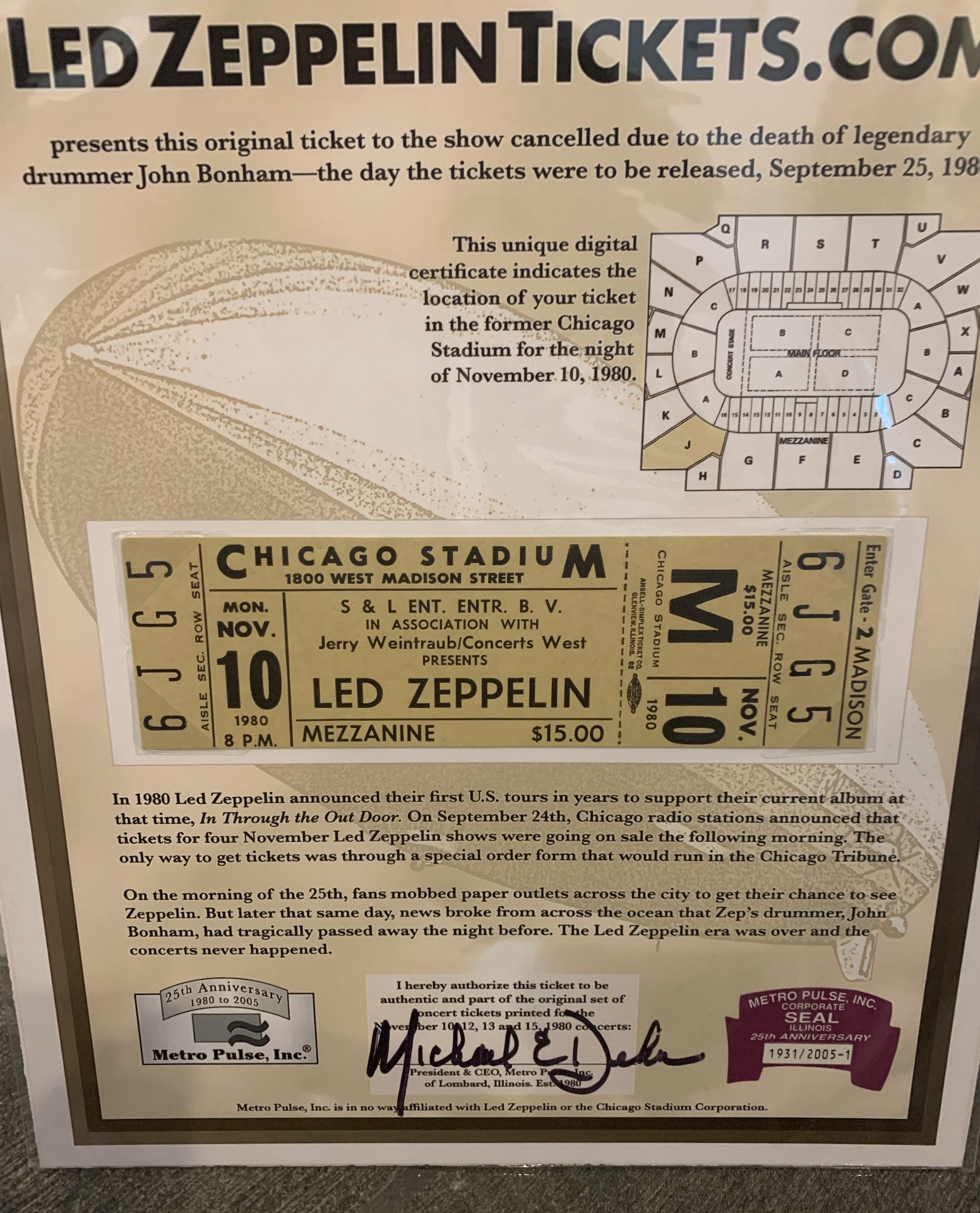 LED ZEPPELIN ORIGINAL TICKET FROM 1980 CHICAGO TOUR WITH COA 8.5X11 - Image 3 of 3