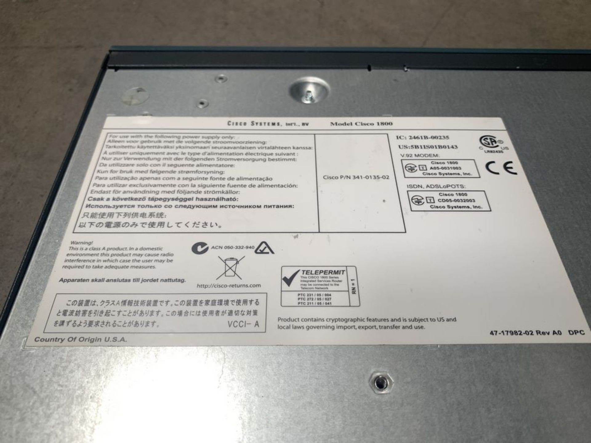 Cisco Systems 1800 Series Integrated Services Router 341-0135-02, with Brackets and Power - Image 6 of 6