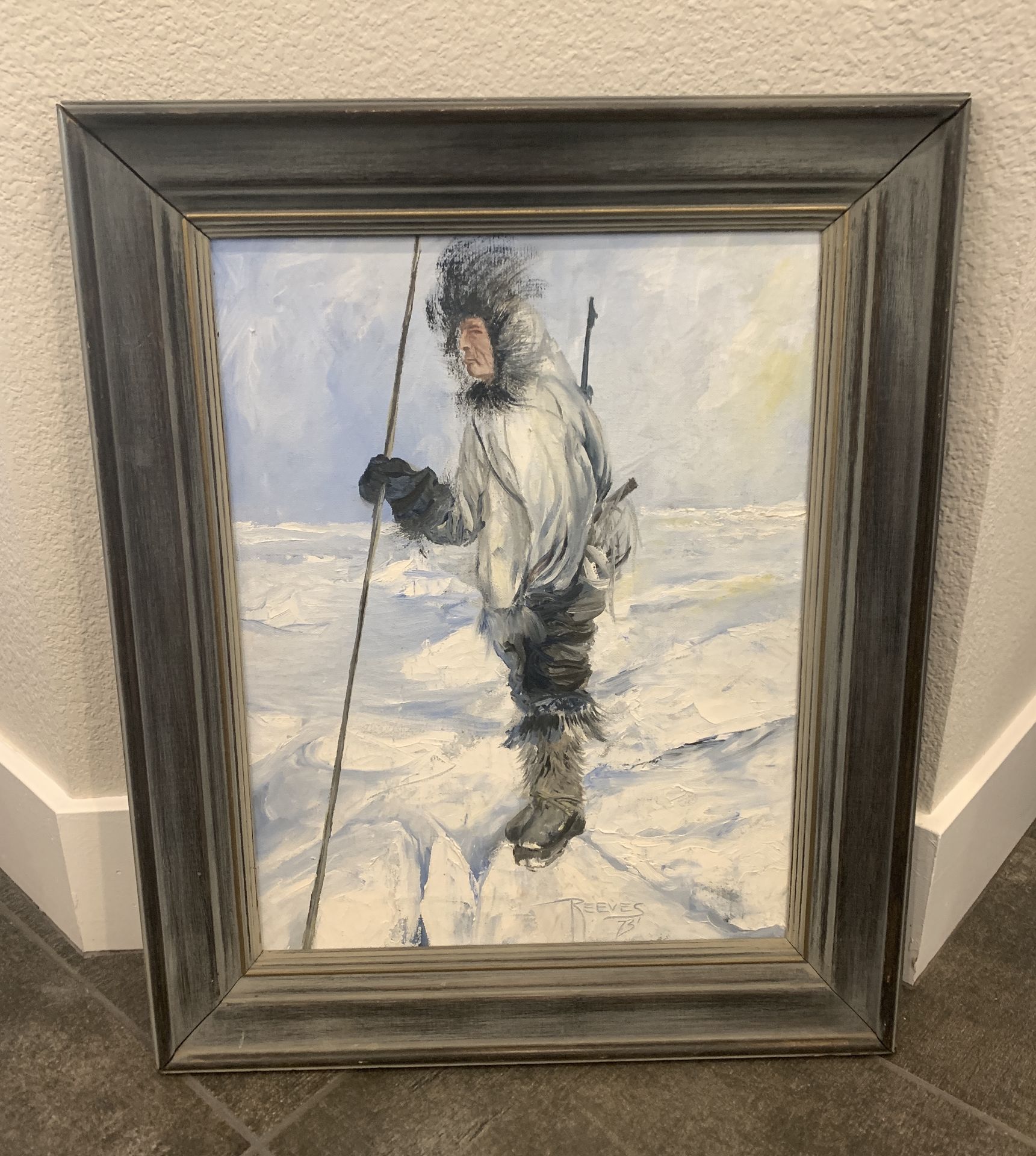 REEVES INUIT PAINTING FRAMED 1973 SIZE 19X23" OIL ON CANVAS