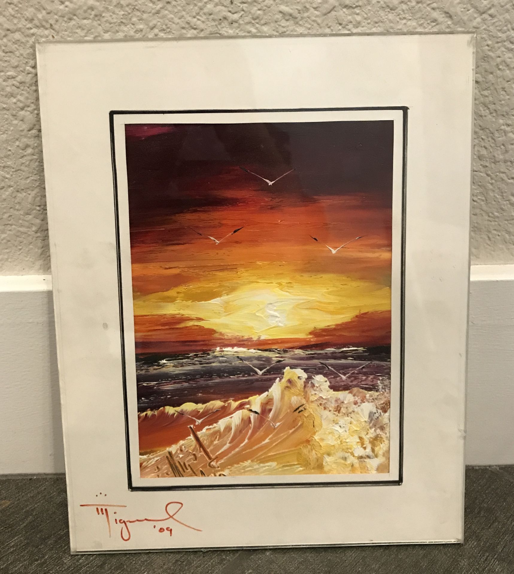 GLASS ORANGE SUNSET OCEAN PAINTING