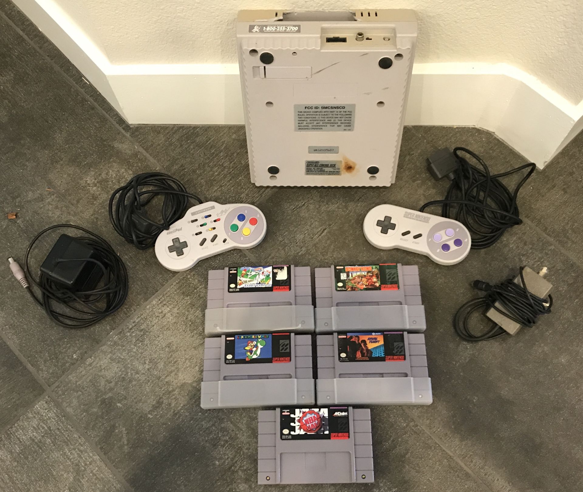 SUPER NINTENDO ENTERTAINMENT SYSTEM WITH TWO CONTROLLERS AND ADAPTERS, FIVE GAMES ALSO INCLUDED - Image 4 of 4