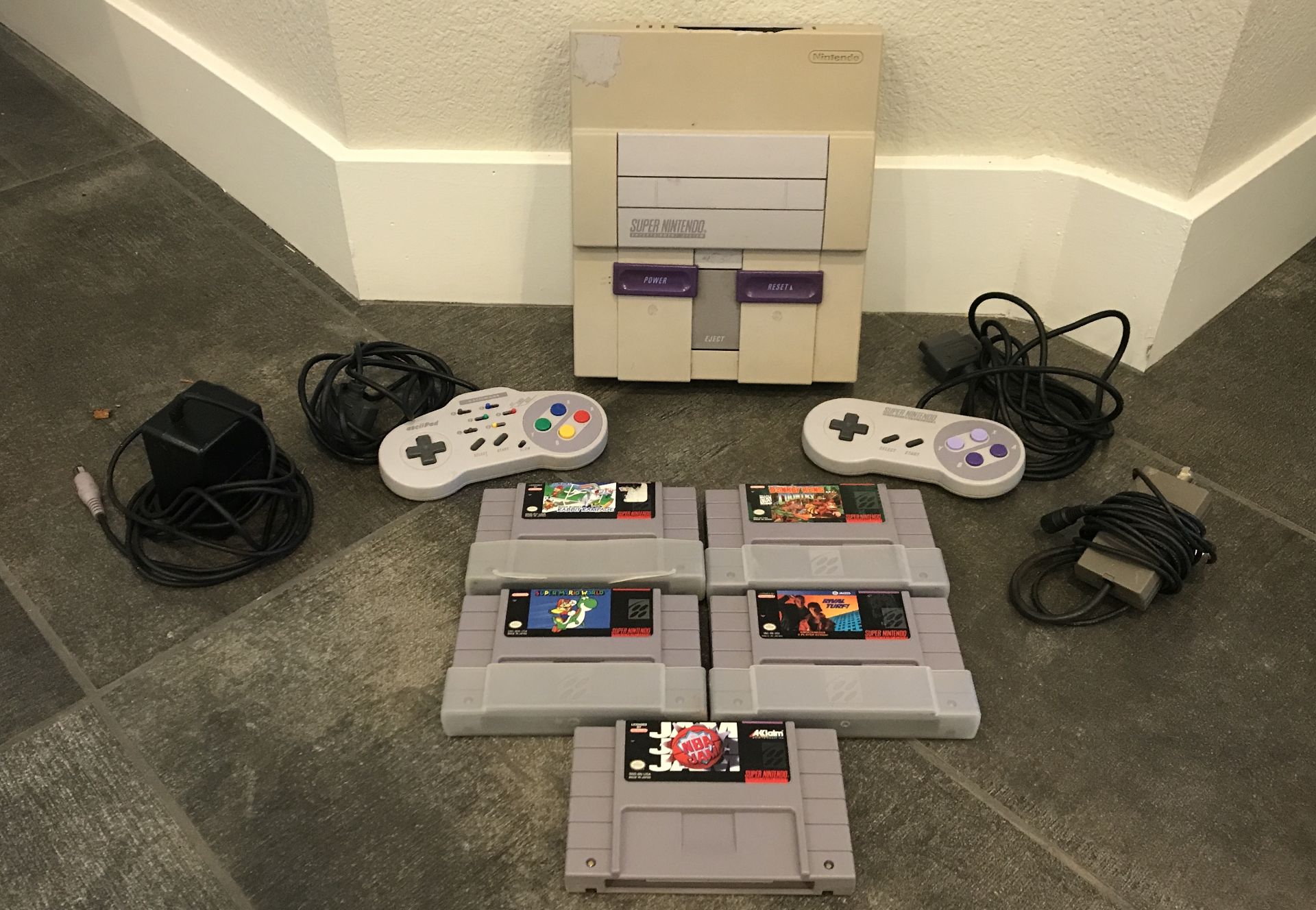 SUPER NINTENDO ENTERTAINMENT SYSTEM WITH TWO CONTROLLERS AND ADAPTERS, FIVE GAMES ALSO INCLUDED - Image 2 of 4