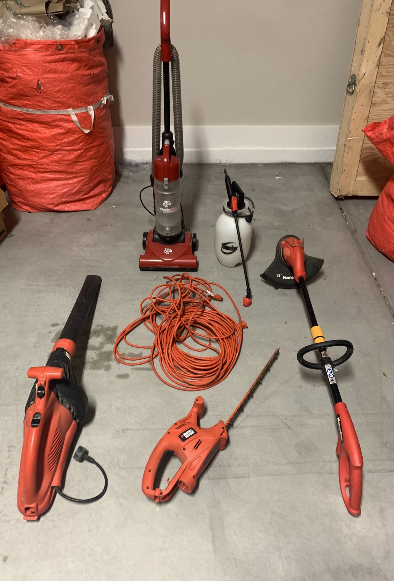 BLACK & DECKER HEDGE TRIMMER, LEAF BLOWER, SHRUB TRIMMER, EXTENSION CORD, DIRT DEVIL VACUUM +