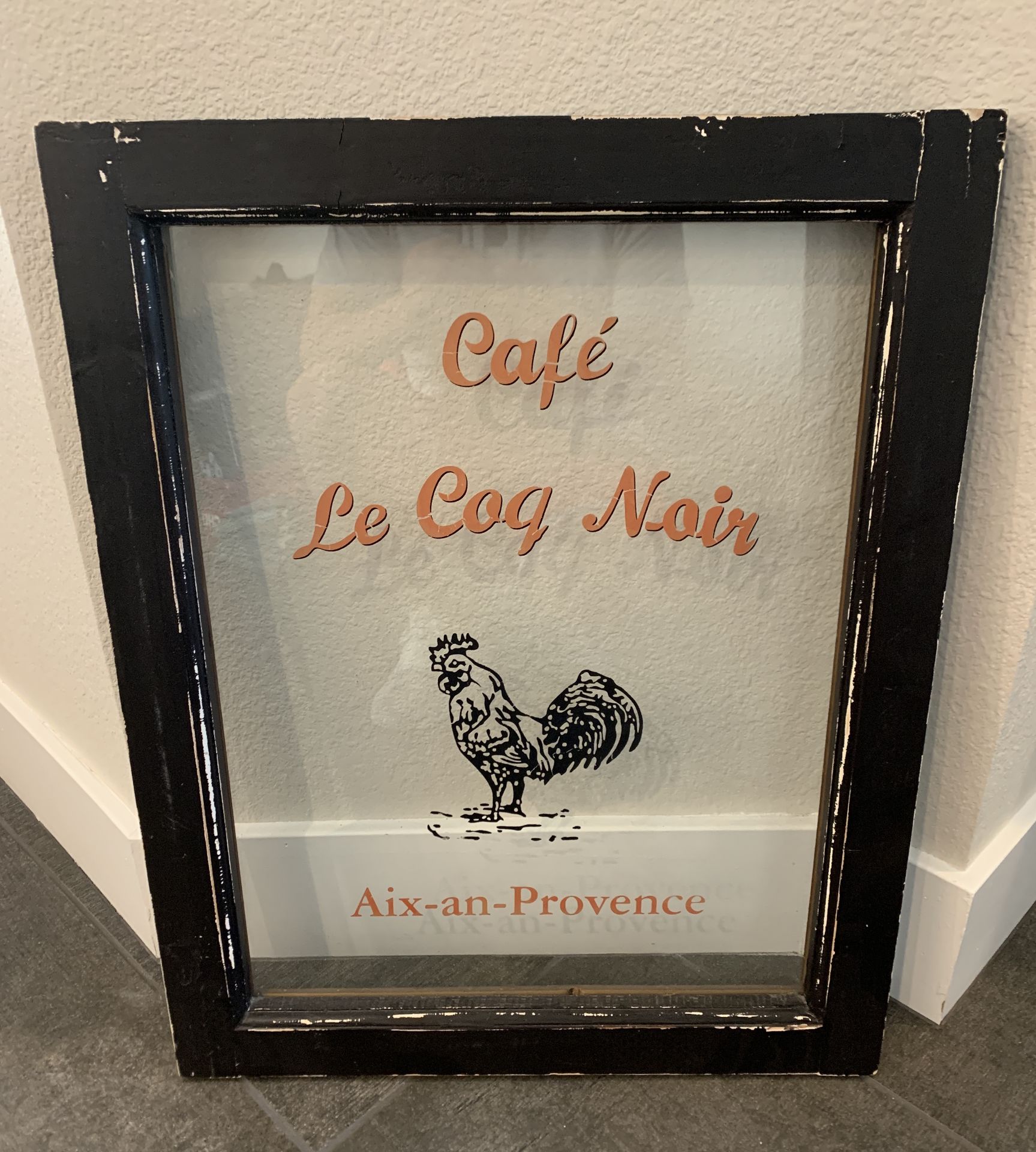 FRENCH CAFE LE COQ NOIR FRAMED GLASS BRANDED PANEL DECO 24X20"