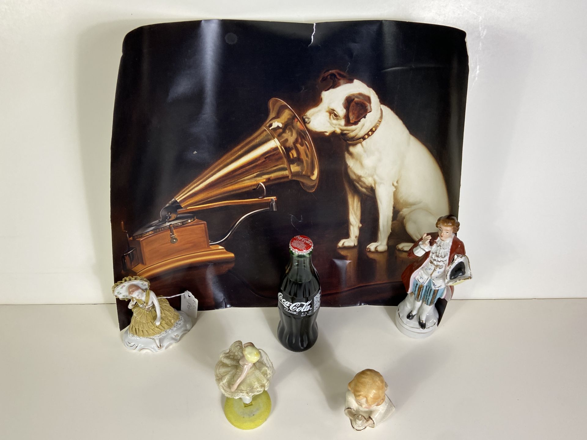 4 Collectable Figures, Vintage Glass Unopened Coke Bottle, Dog with Record Player Poster