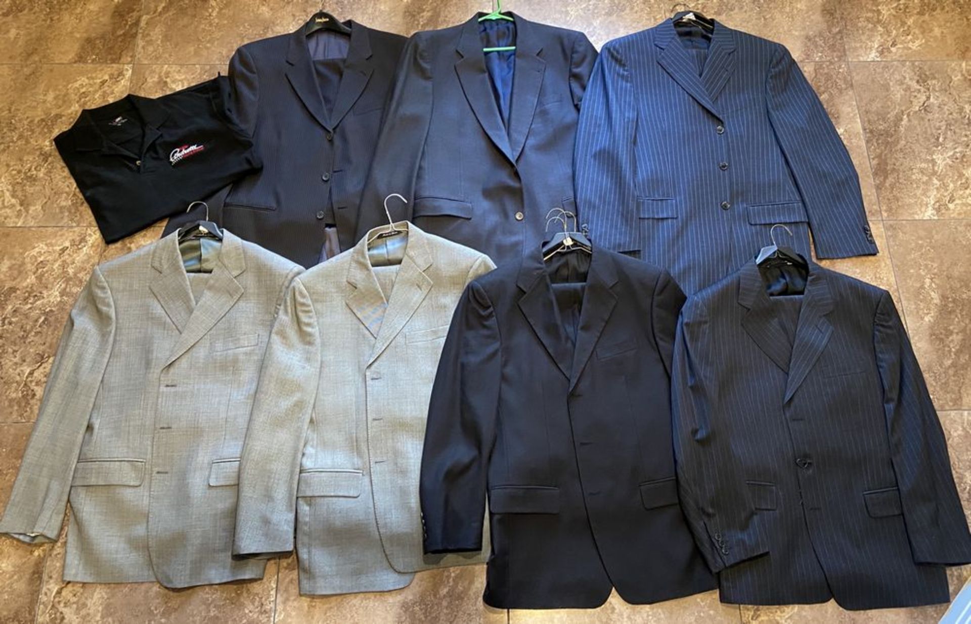 Collection of High End Men's Clothing: 6 Suits Size 42R, 1 Sport Jacket Size 42R, 1 Polo XL