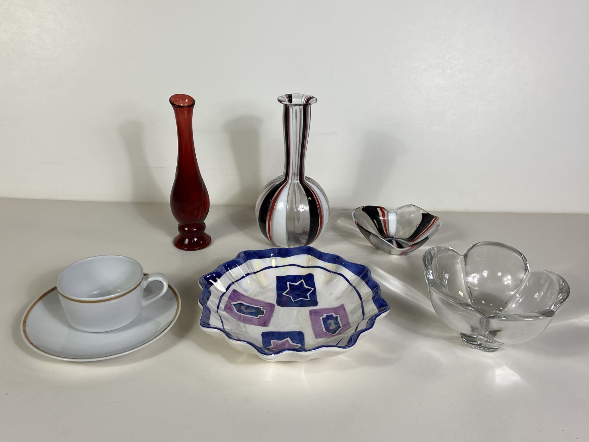 7 Pieces of Collectable Glass and China. Oggetti Italy Blown Glass, Avon Vintage Bottle, Etc