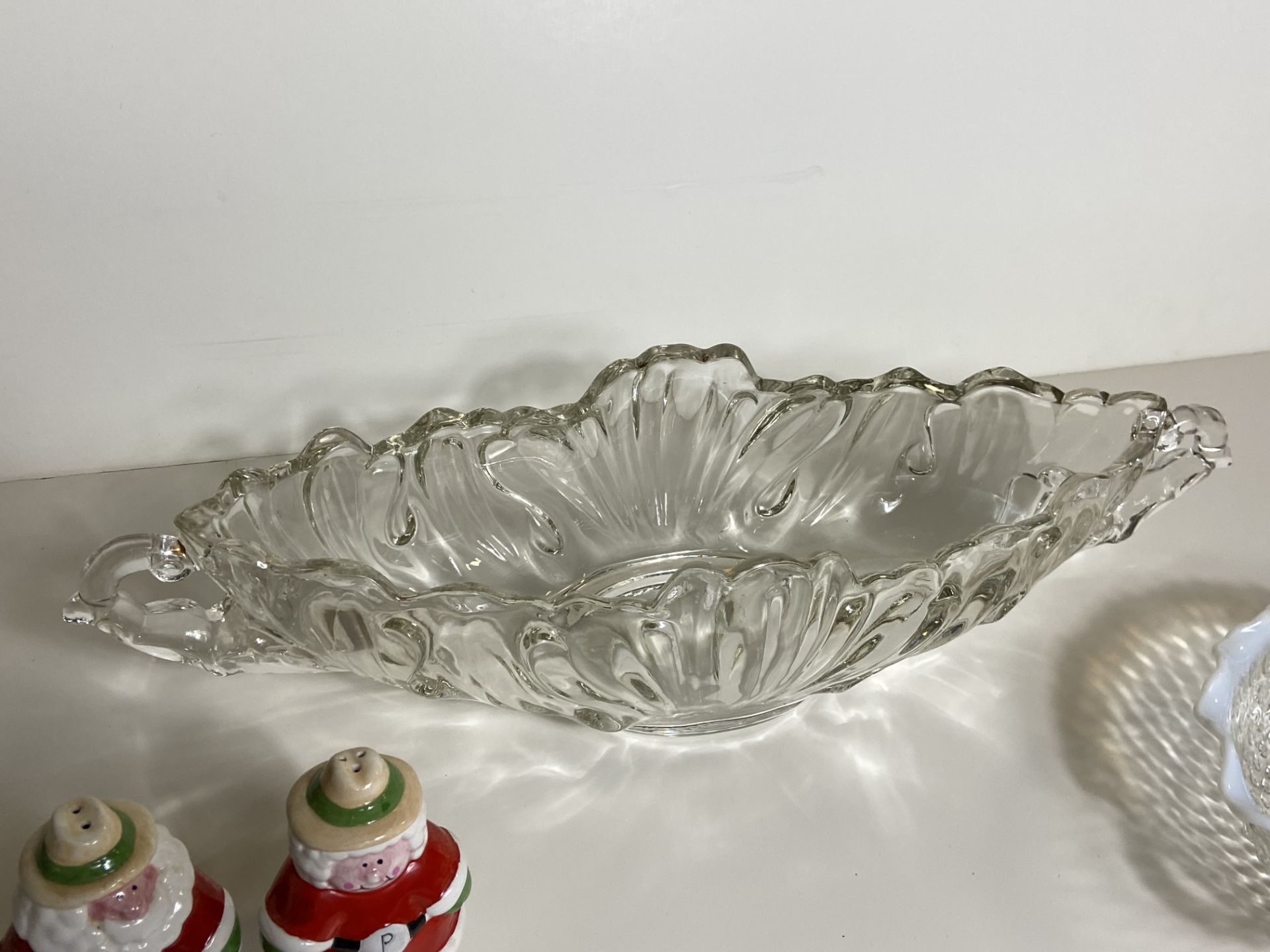 Misc Glass Bowls, Santa Salt/Pepper Shakers, Christian Glass Sculptures, Mink Colar - Image 5 of 7
