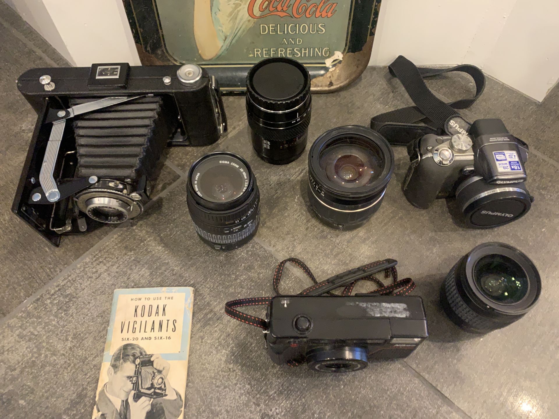 VINTAGE CAMERA'S AND LENSES / COCA COLA ANTIQUE TRAY - Image 2 of 2