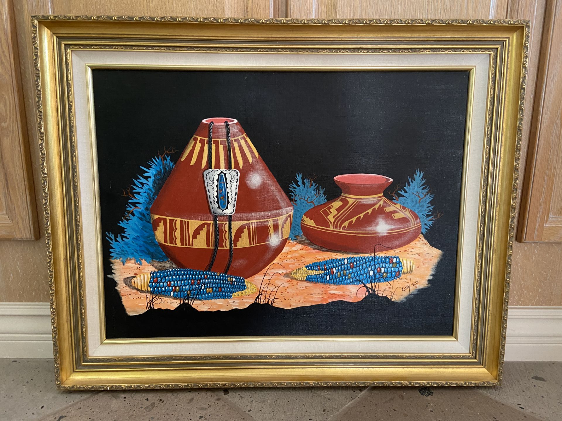 Clai '80 Native American Art Painting Framed 29x23" Red Pots