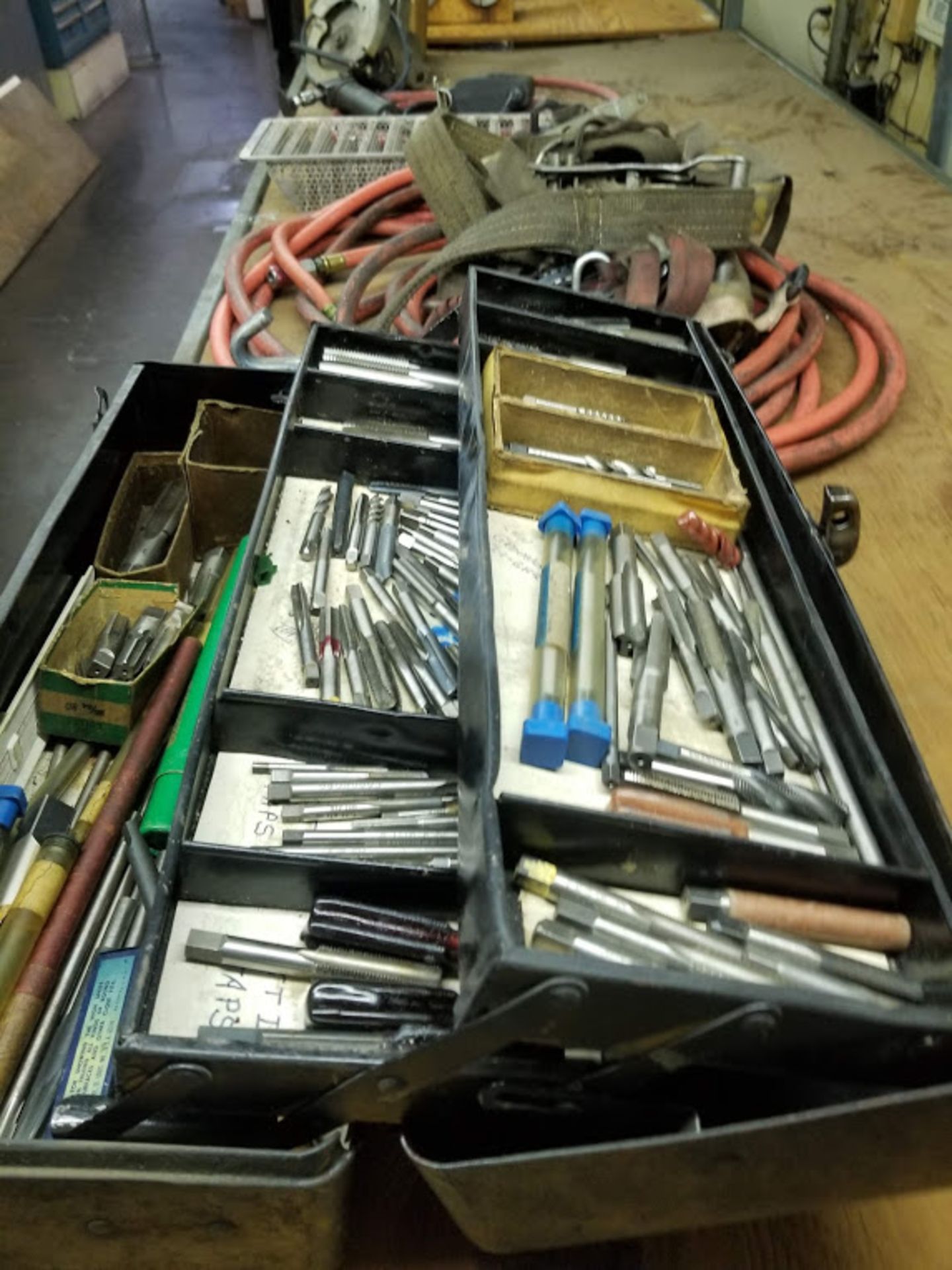 Contents of Shelf, Shil Saw, Grinder, Air Hose, Straps, Taps, & Misc. - Image 3 of 5