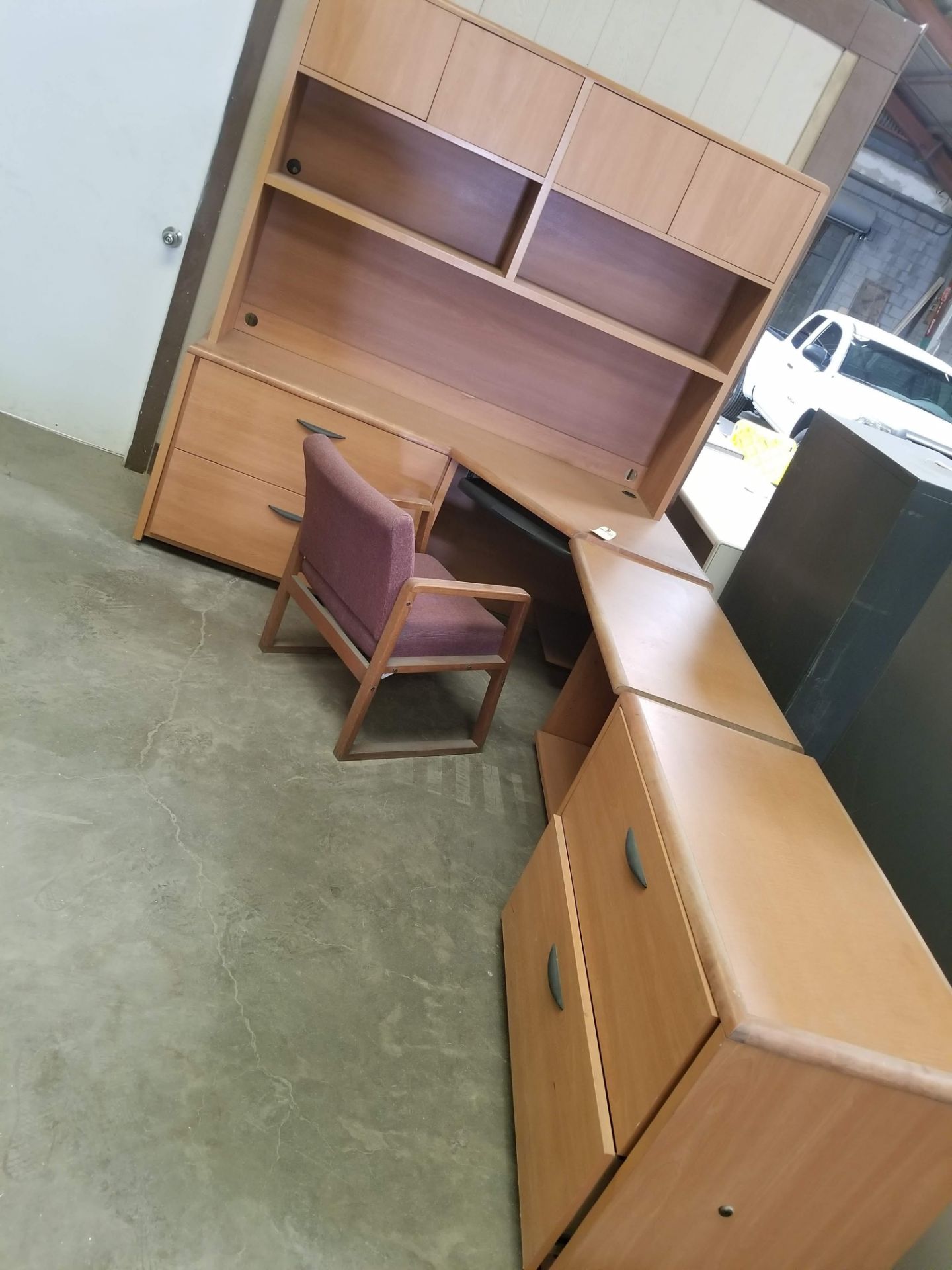 "L" Shaped Office Desk w/ Overhead Storage with Office Chair - Image 3 of 4