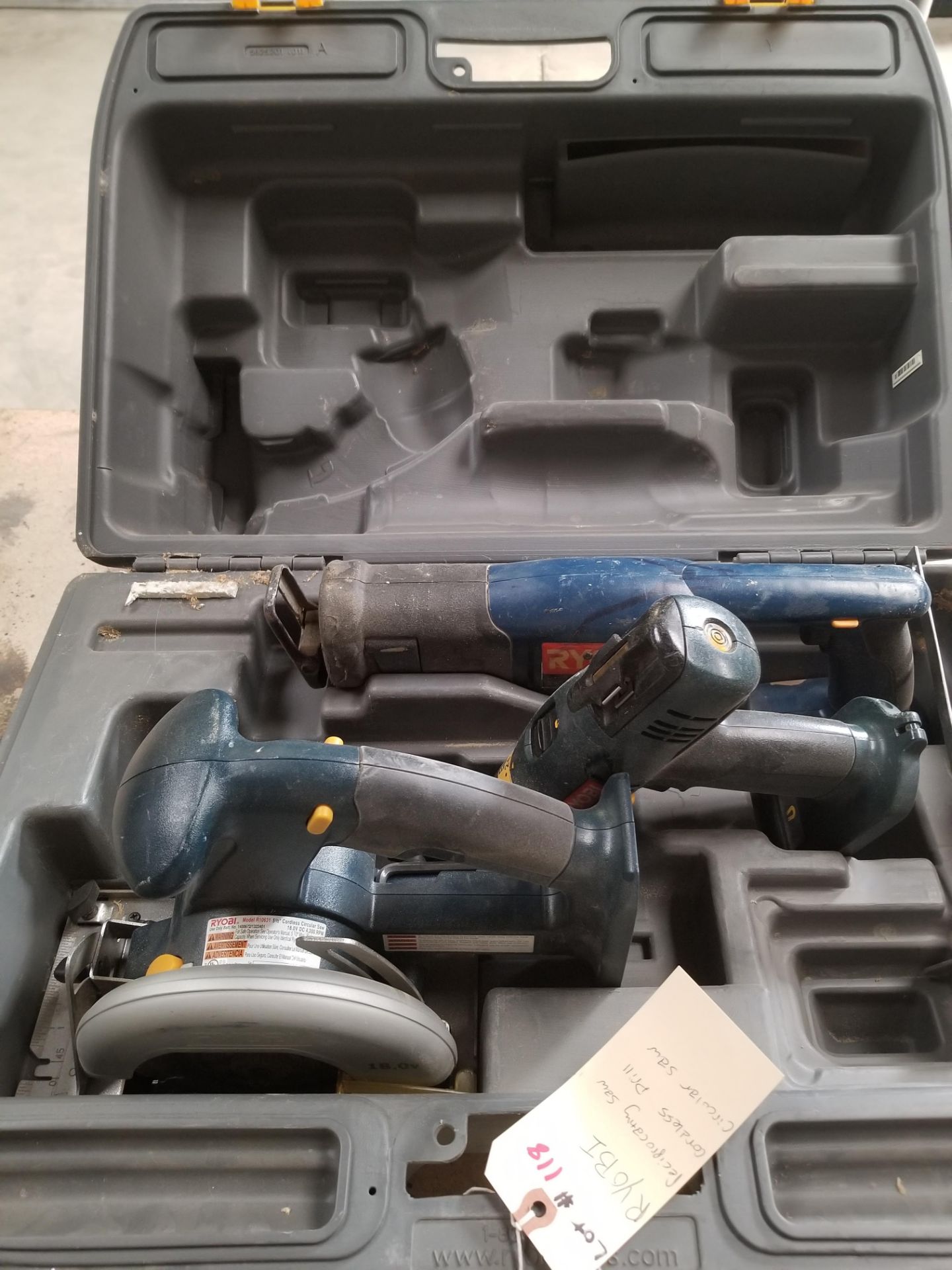 RYOBI Reciprocating Saw, Cordless Drill, Circular Saw in Plastic Case.