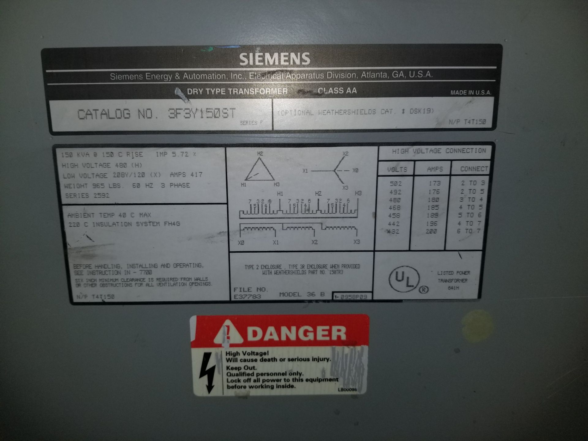 Siemens Dry Type Transformer 150 KVA, Catalog 3F3Y150ST, Primary voltage (480V), secondary - Image 4 of 5