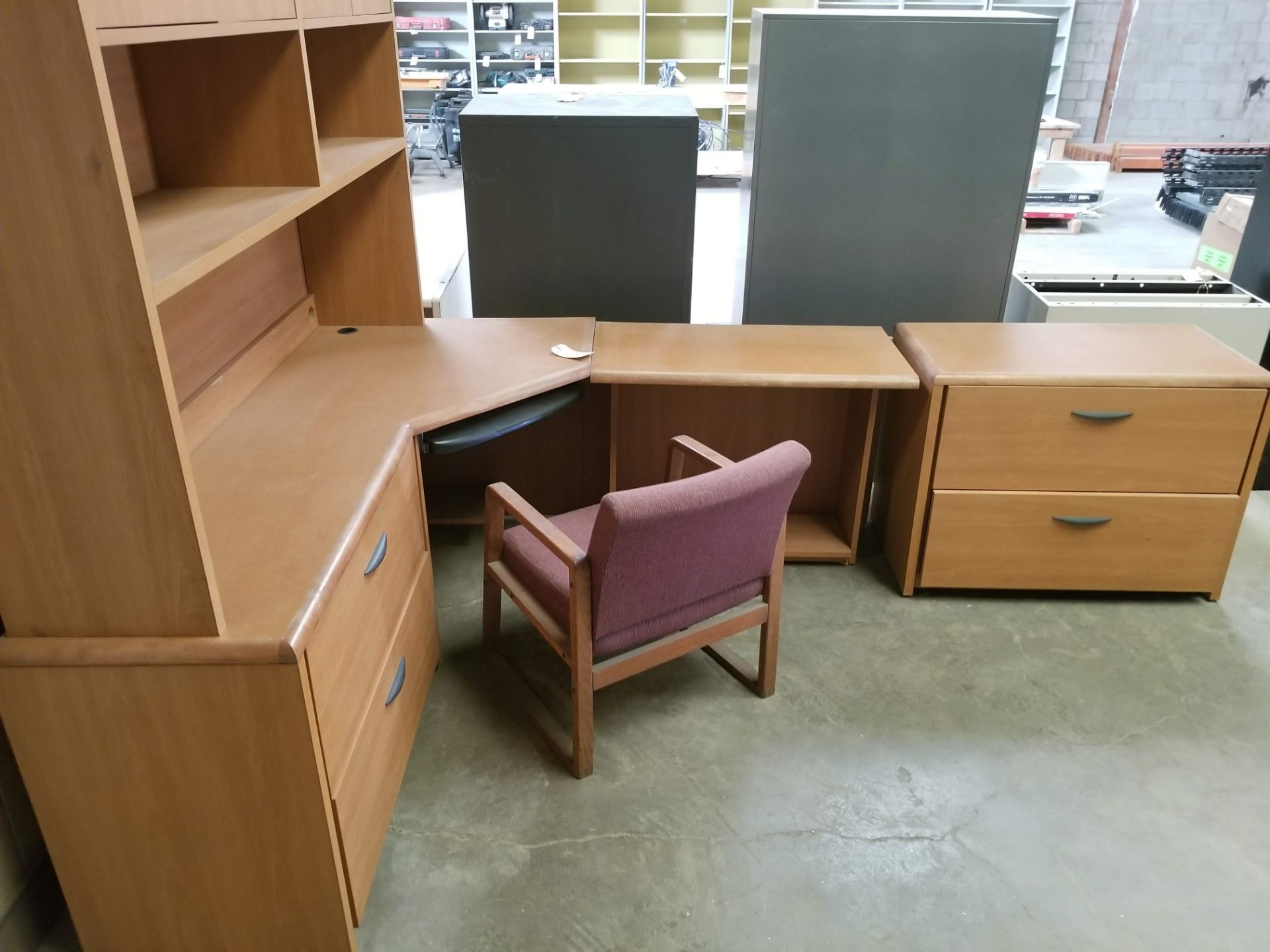 "L" Shaped Office Desk w/ Overhead Storage with Office Chair