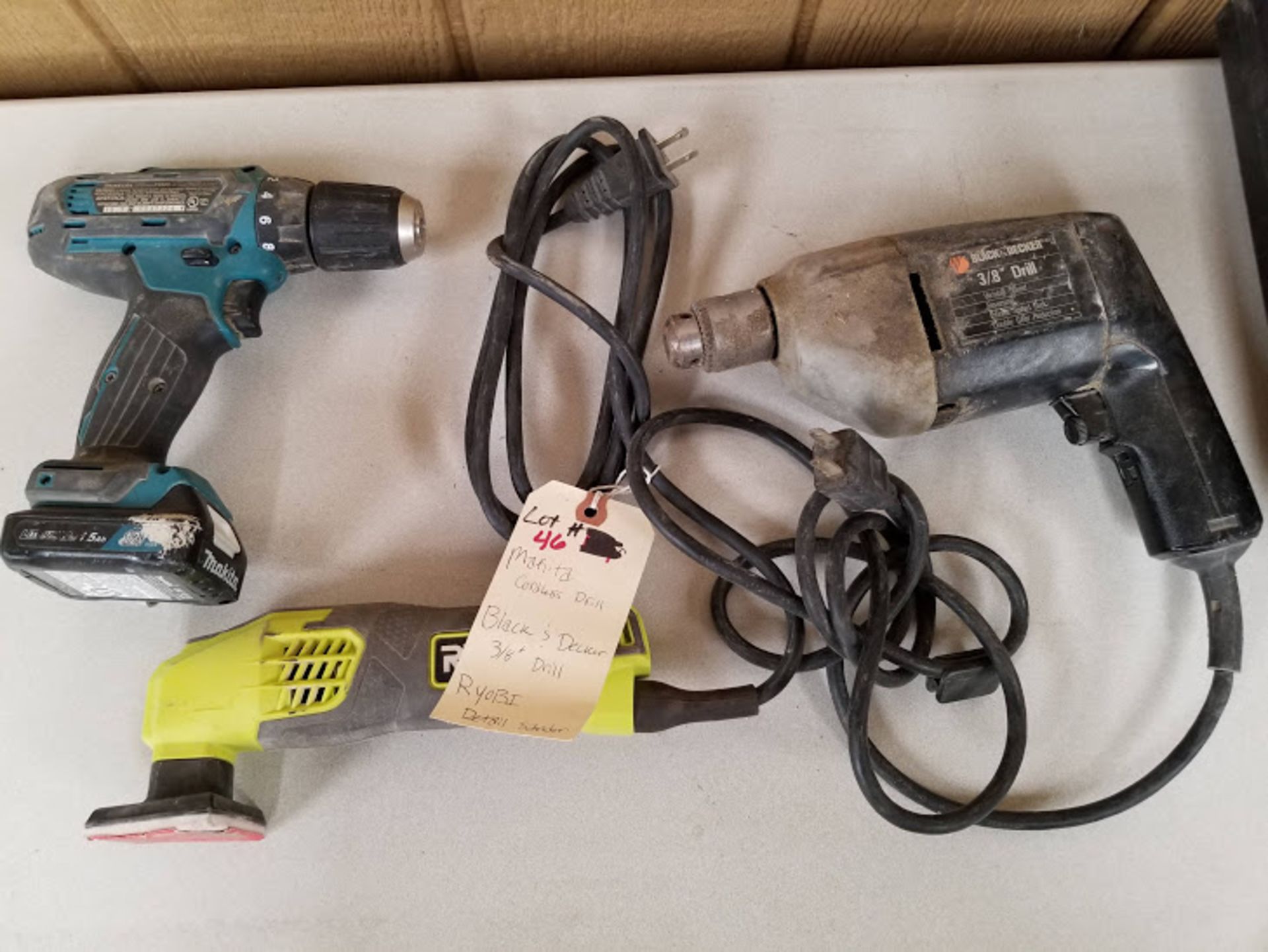 Makita Cordless Drill 12 volt, Black & Decker 3/8 Drill 115 volt, RYOBI Detail Sander 115 volt