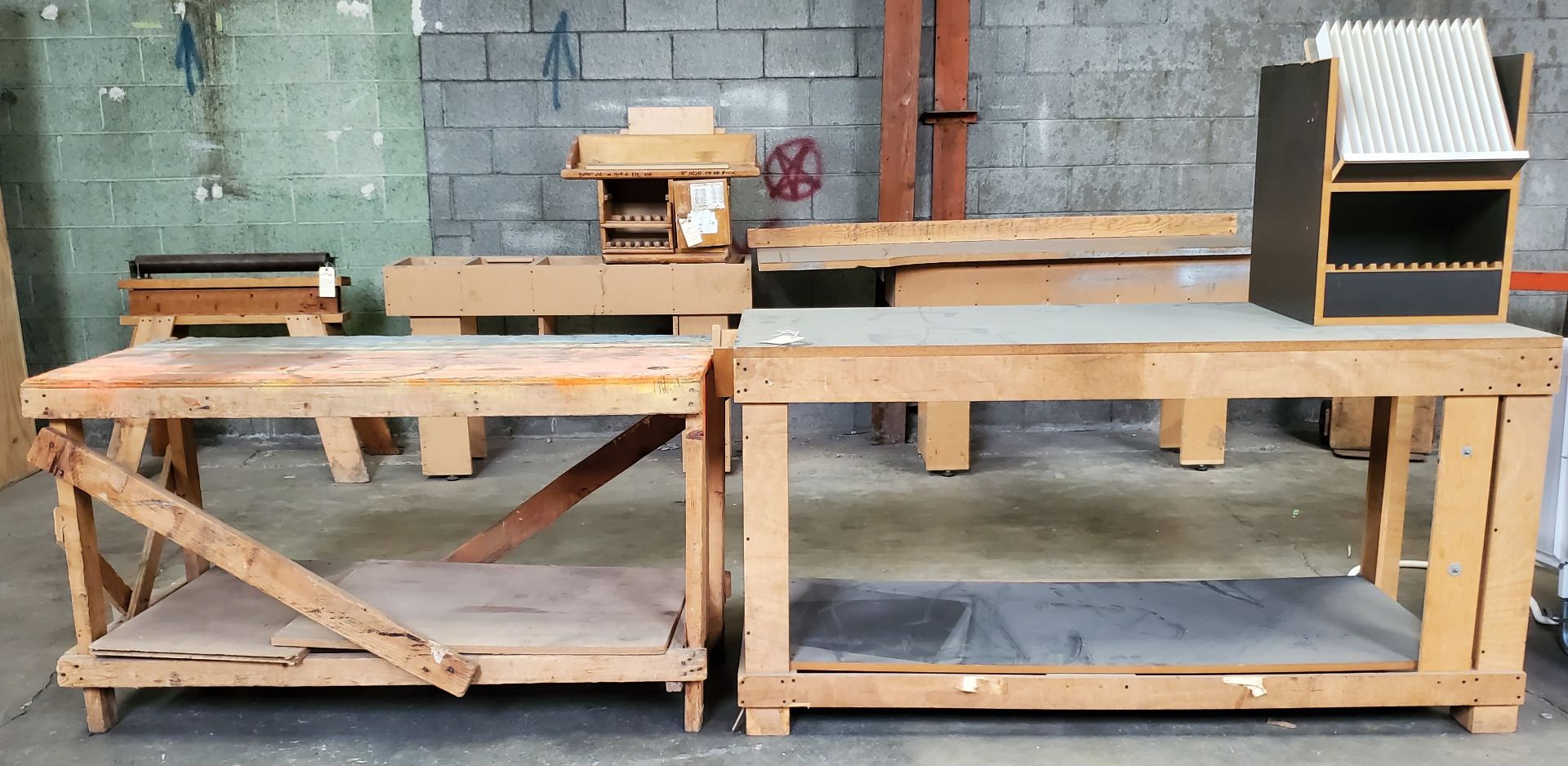 2 - Wooden Work Tables, 27" x 60" x 34" tall, 28" x 70" x 36" tall