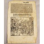 German 16th Century, Book page with wood cut.29x18cmDieses Los wird in einer online-Auktion ohne