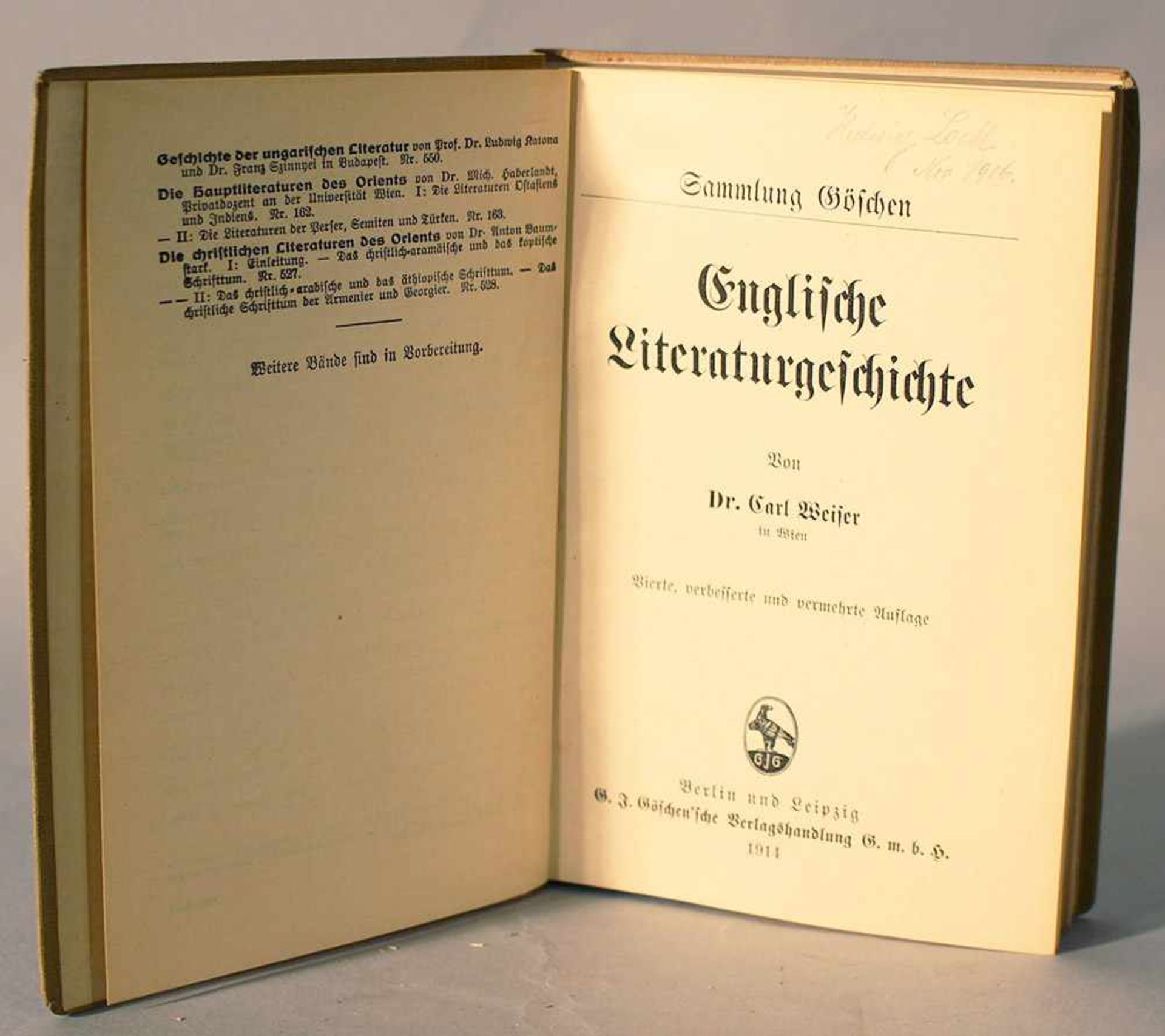 Englische Literaturgeschichte, Sammlung Göschen, Berlin and Leipzig 1914.15,5 x 11 cmDieses Los wird - Bild 2 aus 3