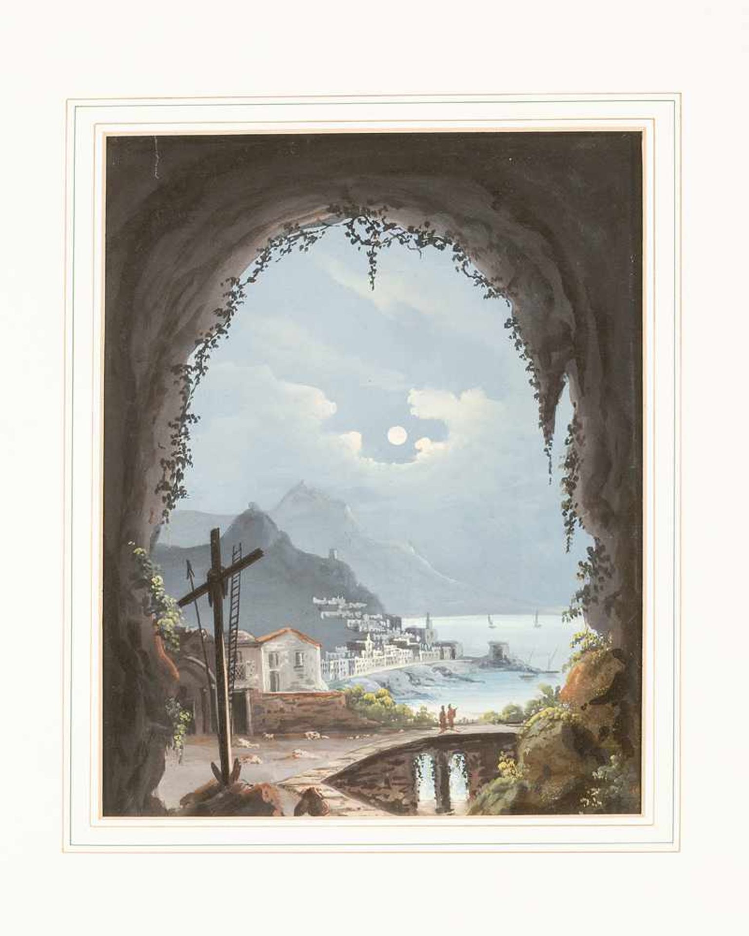Romantic artist early 19th Century, Moonlight at the Amalfi Coast; watercolour on paper.