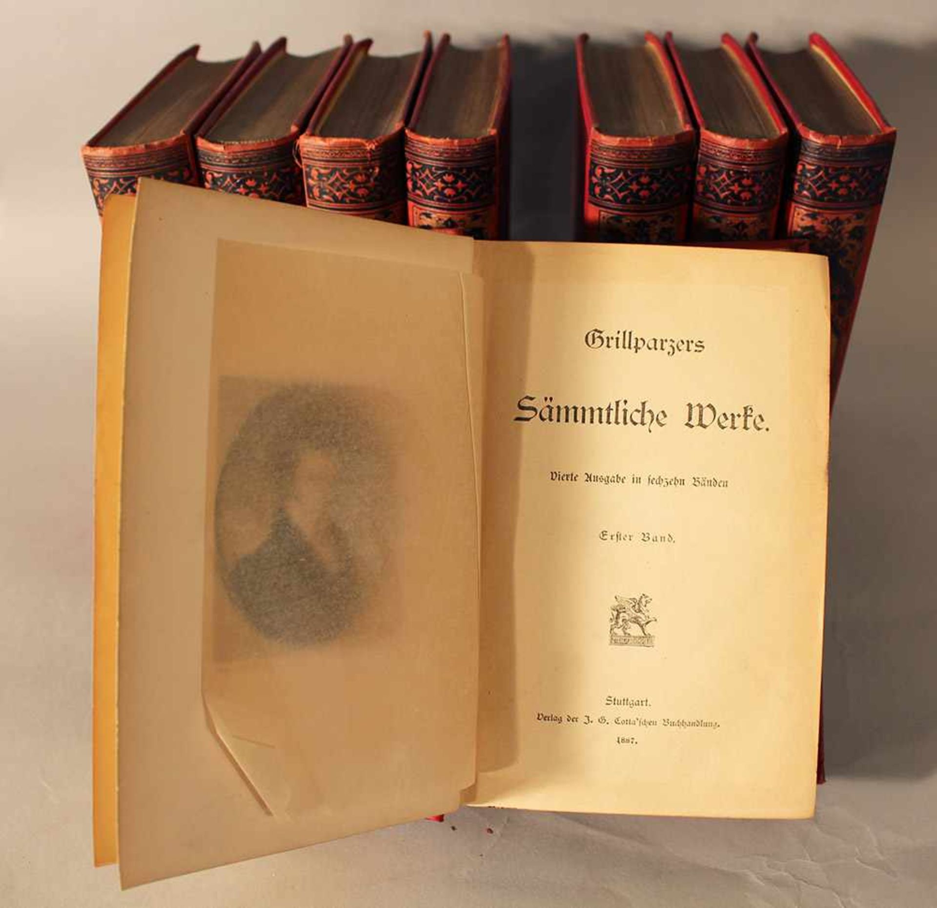 Franz Grillparzer, 16 in 8 books volumes by Cotta Stuttgart 1887, in red and gilded hard-covers.18 x - Bild 2 aus 3