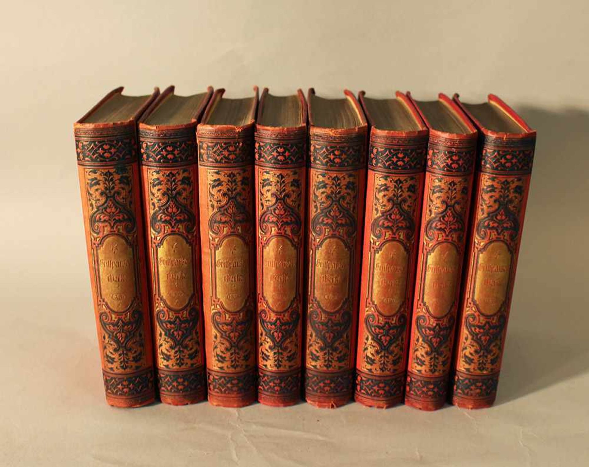 Franz Grillparzer, 16 in 8 books volumes by Cotta Stuttgart 1887, in red and gilded hard-covers.18 x