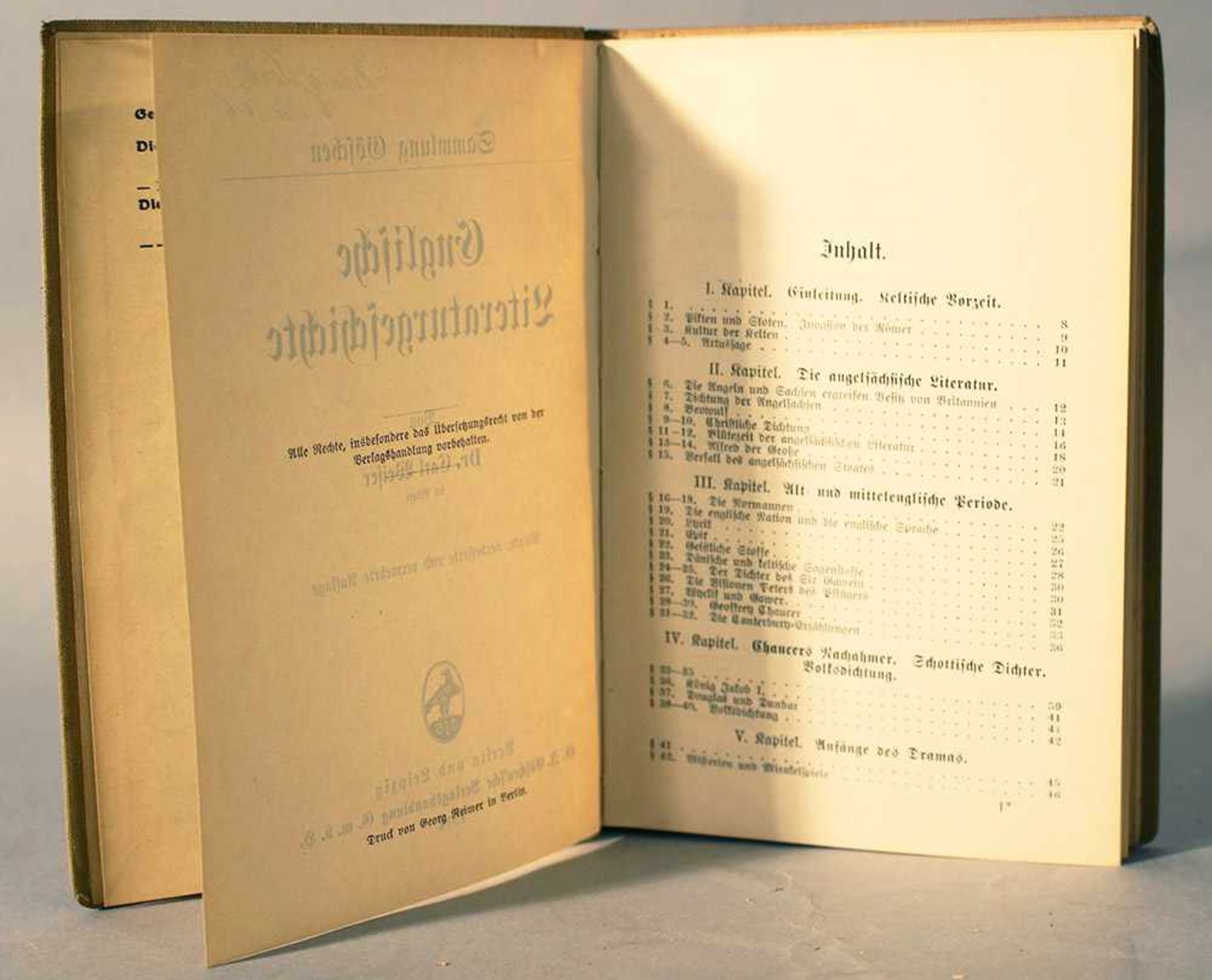 Englische Literaturgeschichte, Sammlung Göschen, Berlin and Leipzig 1914.15,5 x 11 cmDieses Los wird - Bild 3 aus 3