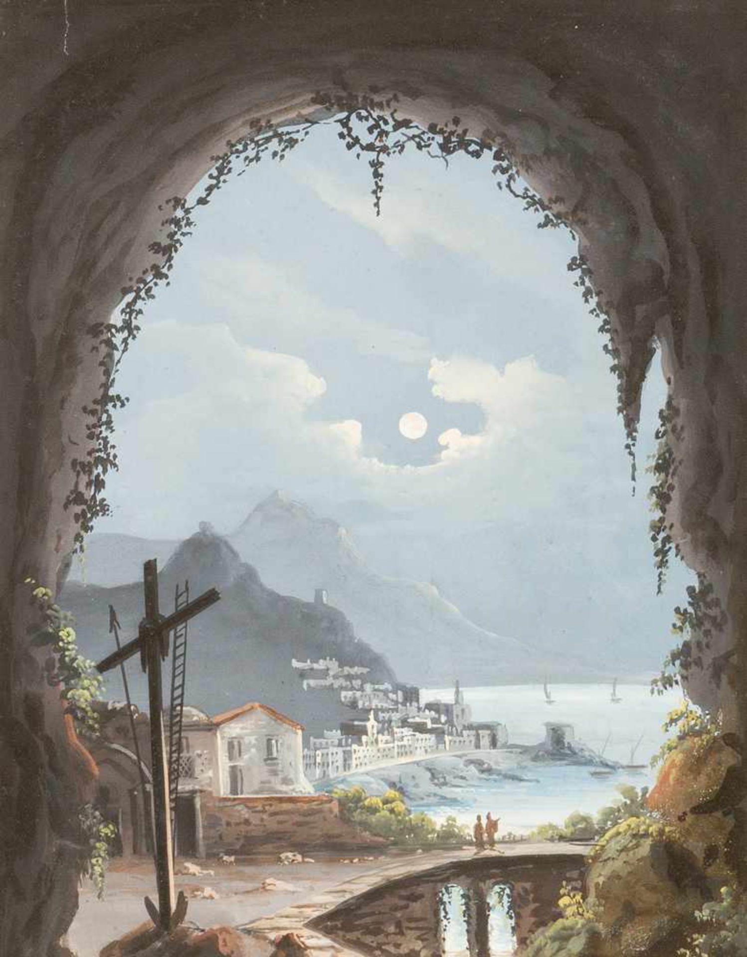 Romantic artist early 19th Century, Moonlight at the Amalfi Coast; watercolour on paper. - Bild 2 aus 3