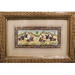 Persian miniature with horse riders, painted in watercolour, on painted paper frame; in rich