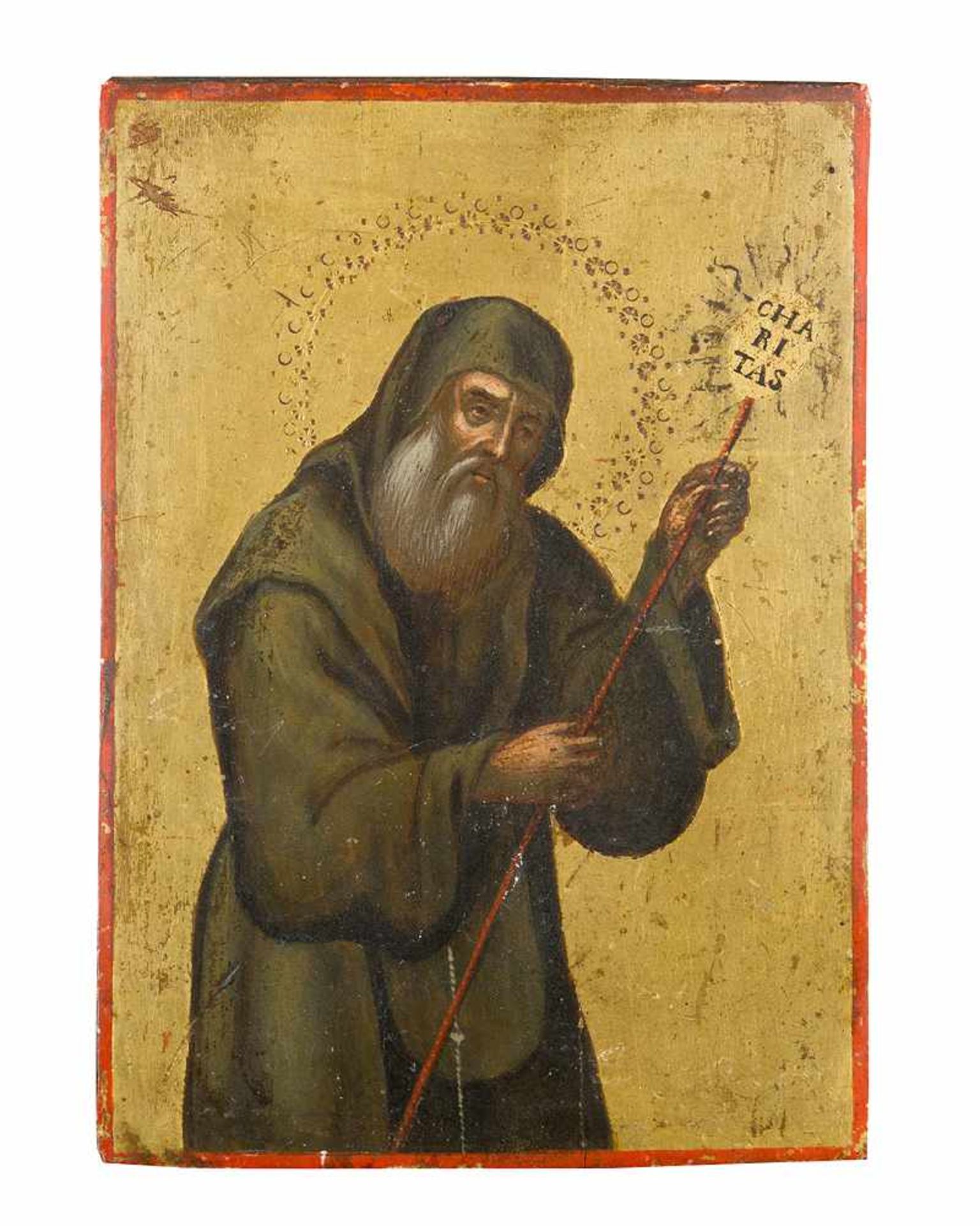 Central italian around 1600,Monk with Charitas sign, oil on gold ground wooden panel.