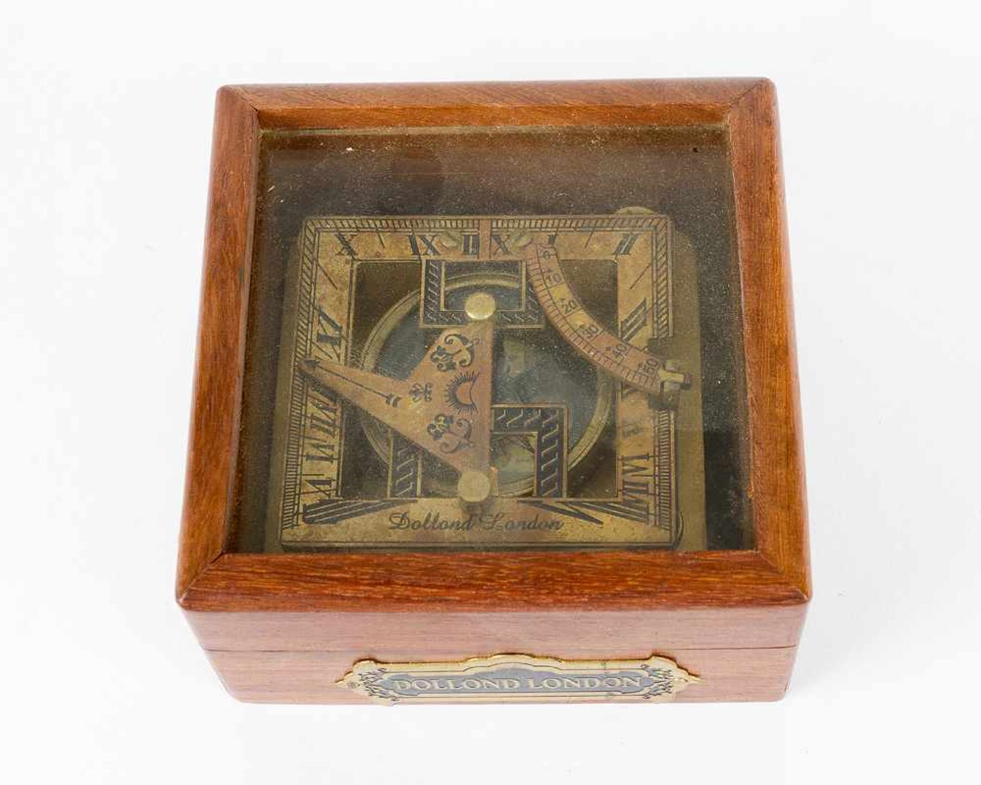 Dollond Sundial with compass, bronze with scales in wooden glazed box.