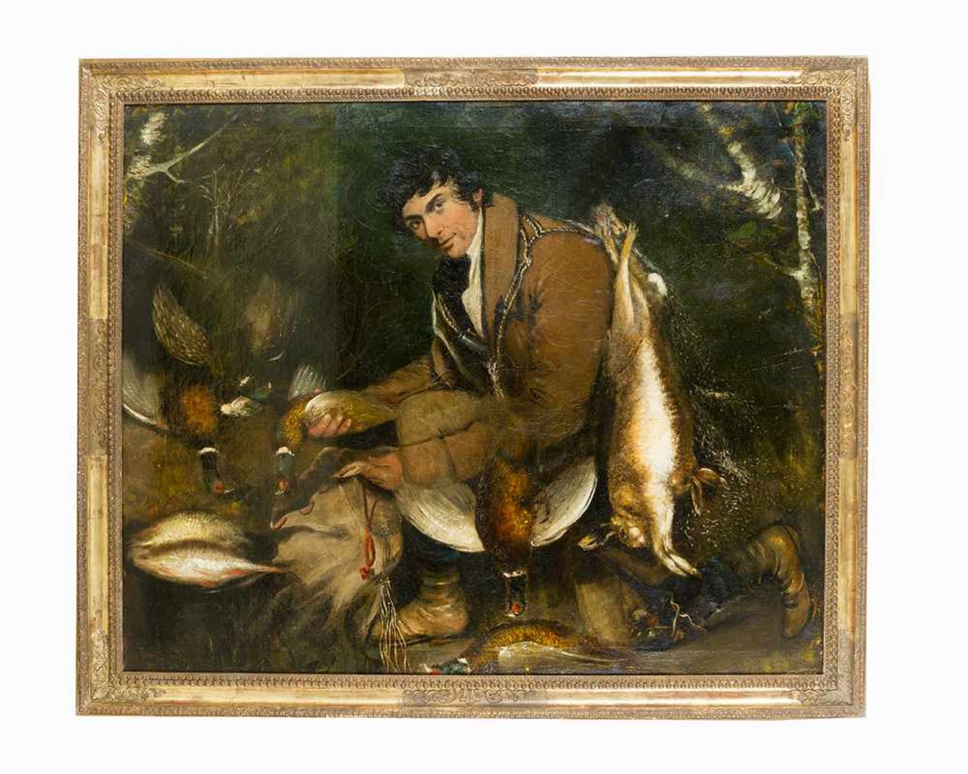 English School around 1800, hunter with his prey; oil on canvas, framed.