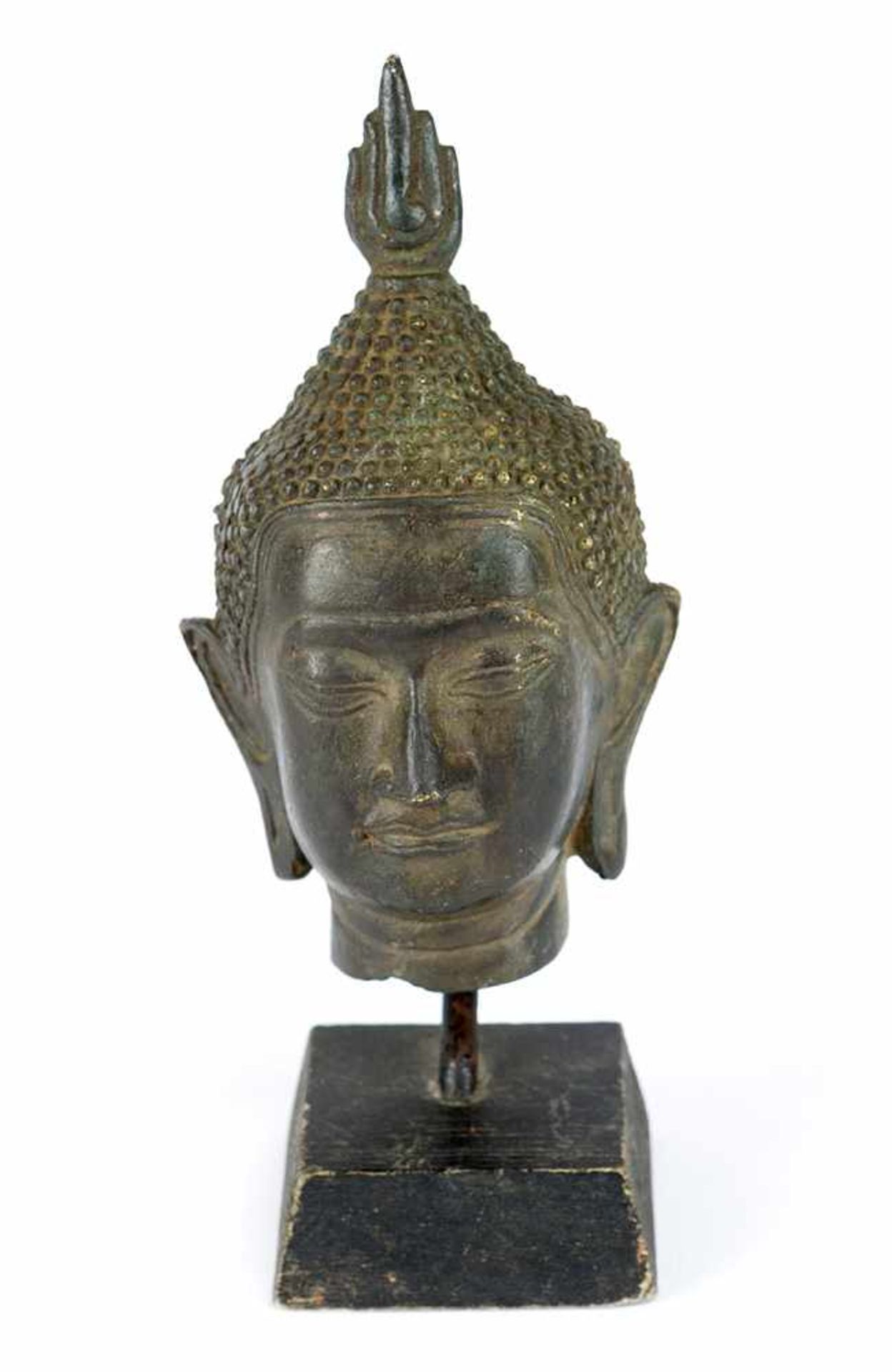 Indo-Chinese Bronze Head, Cast with original patina on later wooden base, possibly 18/19th Century.