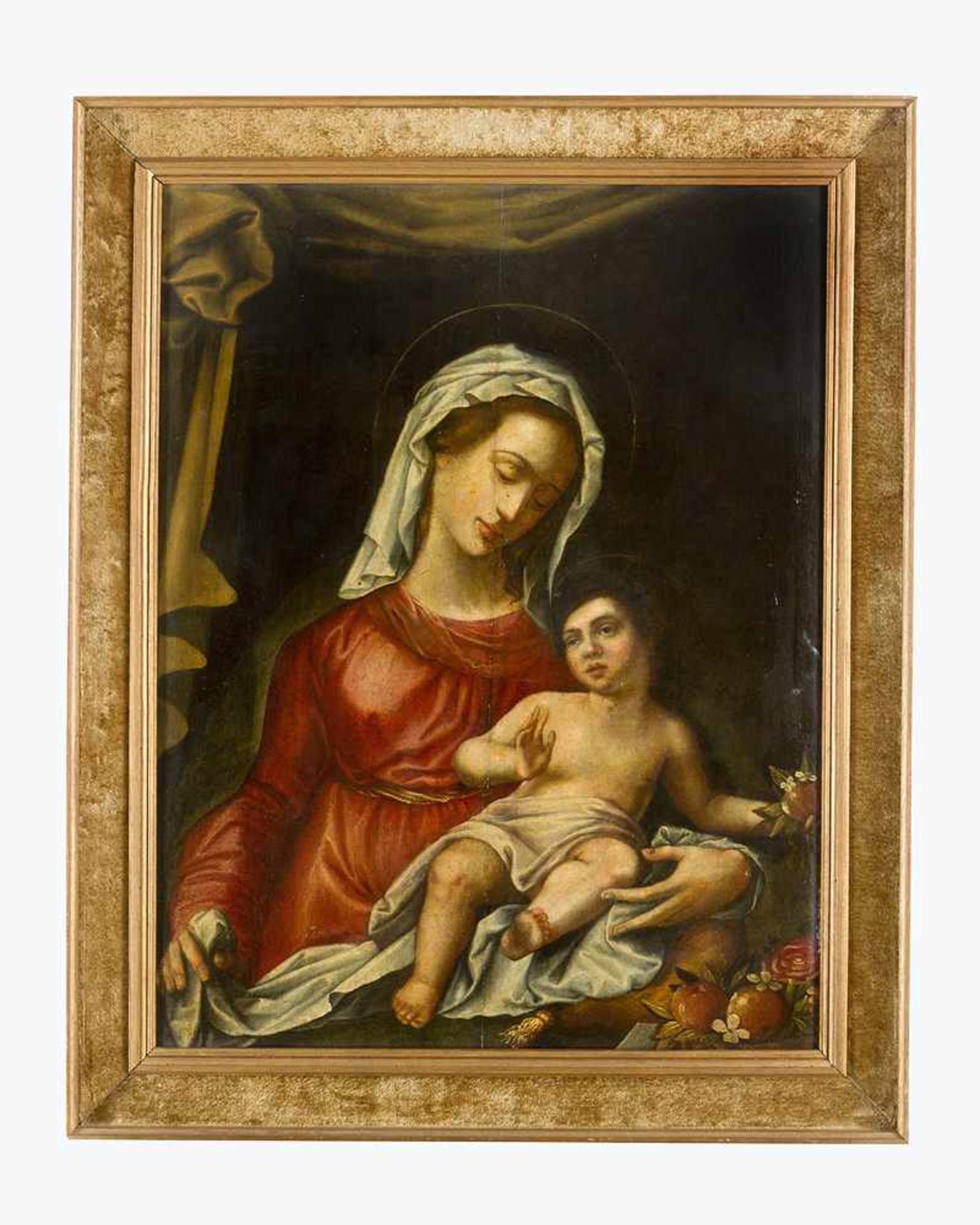 Flemish Artist 16th Century, Maria with Jesus; oil on oak panel, framed.