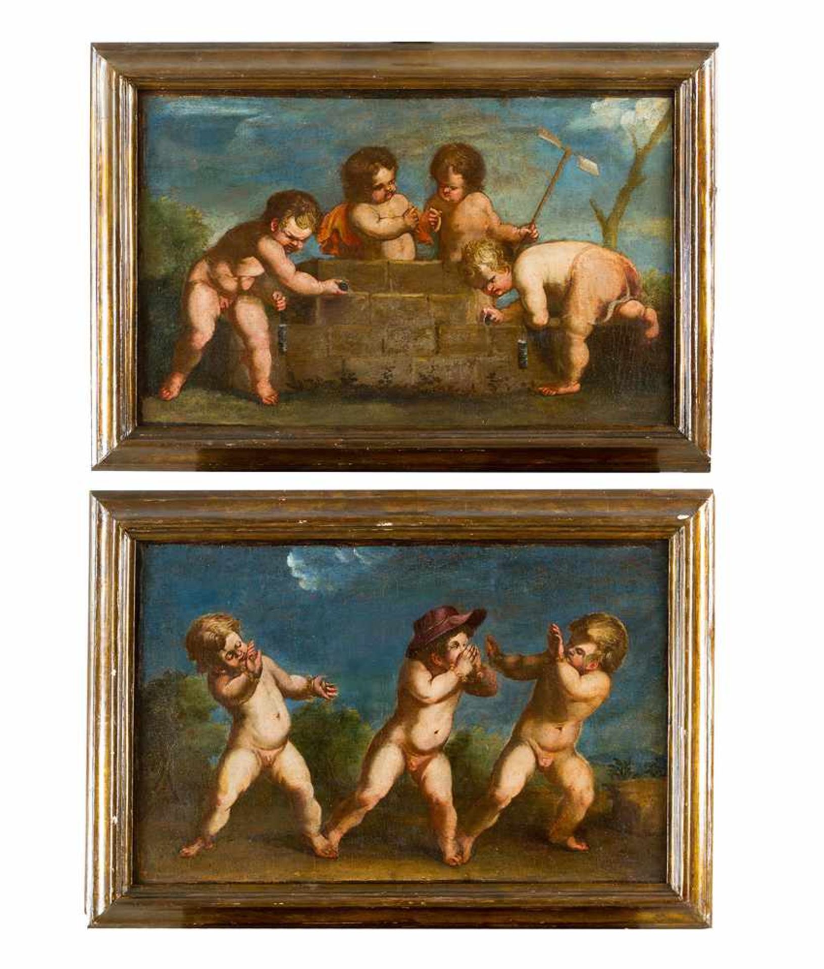 Roman School around 1700, gambling children in landscape, oil on canvas, a pair framed.