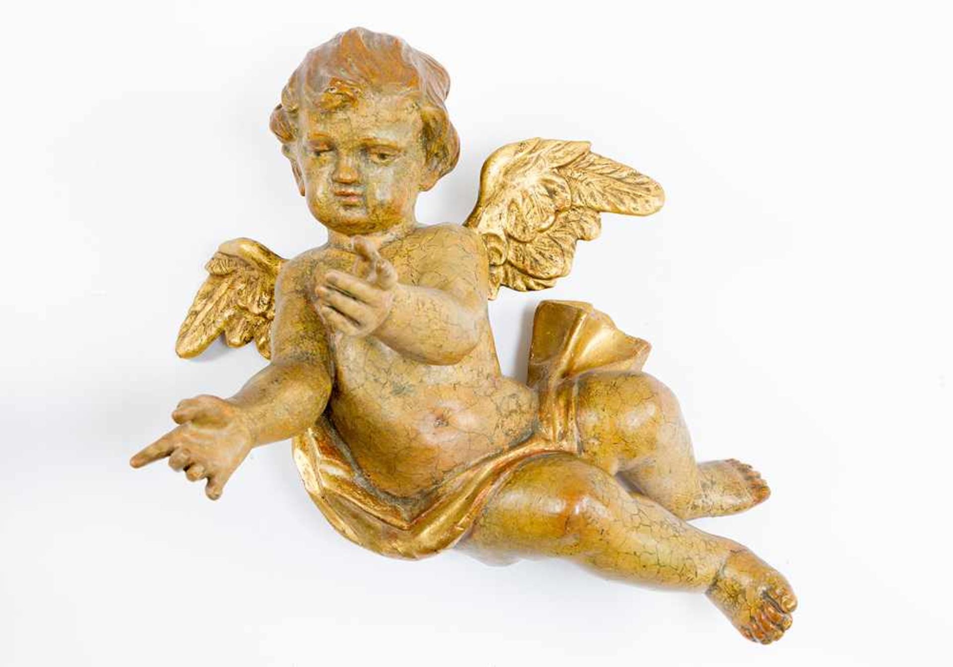 Pair of flying angels, in Baroque manner, wood carved with original colours and gilding; a pair. - Bild 2 aus 3