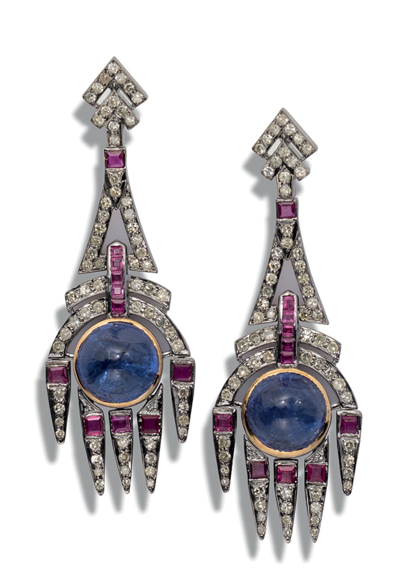 PAIRE DE PENDANTS D'OREILLES EN OR 14K, ARGENT,RUBIS,TANZANITES ET DIAMANTS